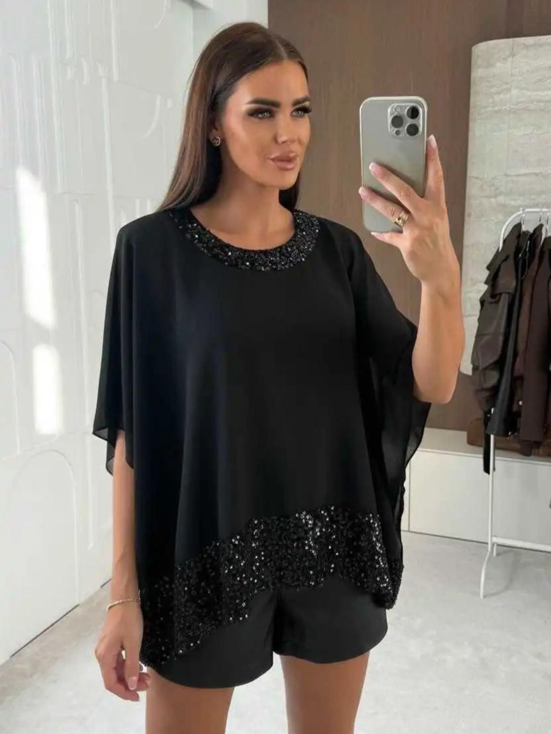 QBAW25 BC Black & Sequin Embellished Mesh Top with sheer mesh sleeves and sequin neckline detailing, perfect for elegant evening outfits and special occasions.