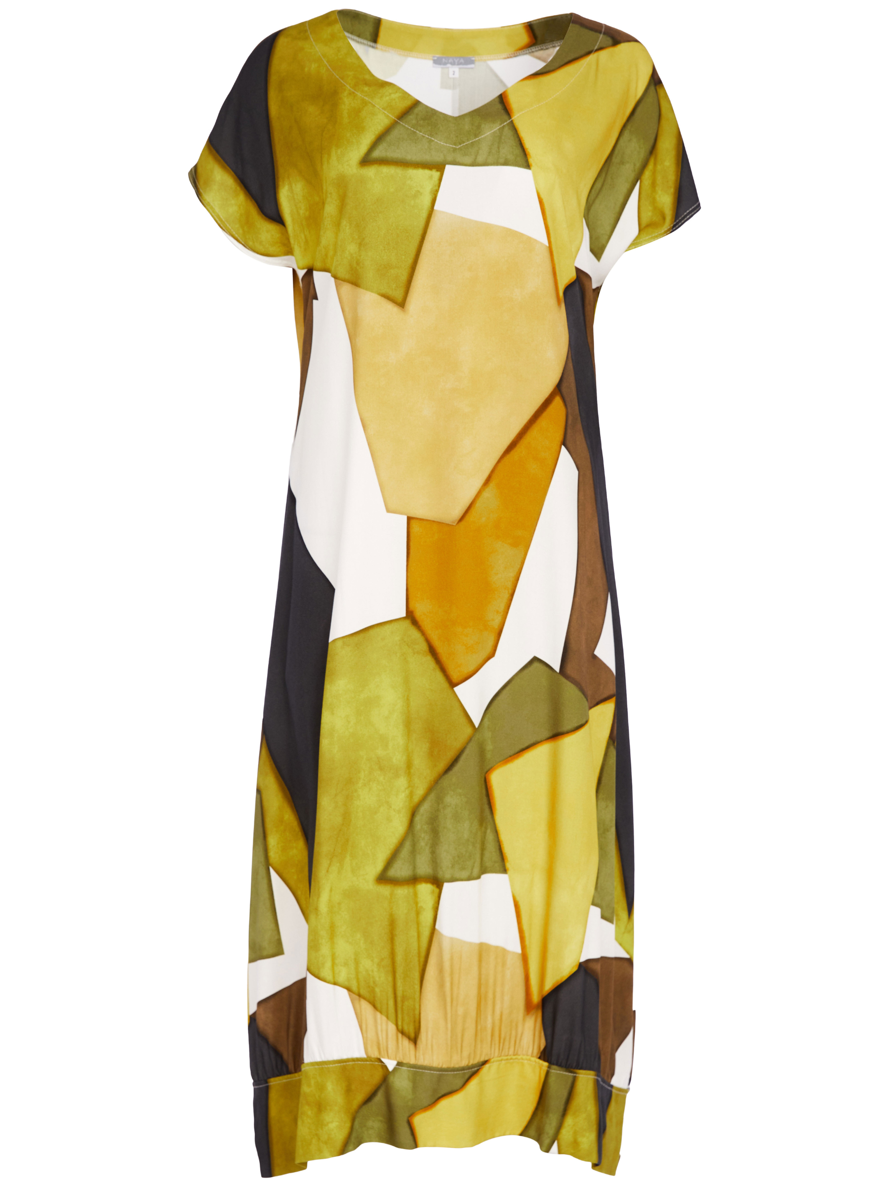 Naya NAS26 151 Multi Colour Graphic Print V-Neck Dress featuring abstract multi-colour design, V-neckline and fluid midi silhouette.