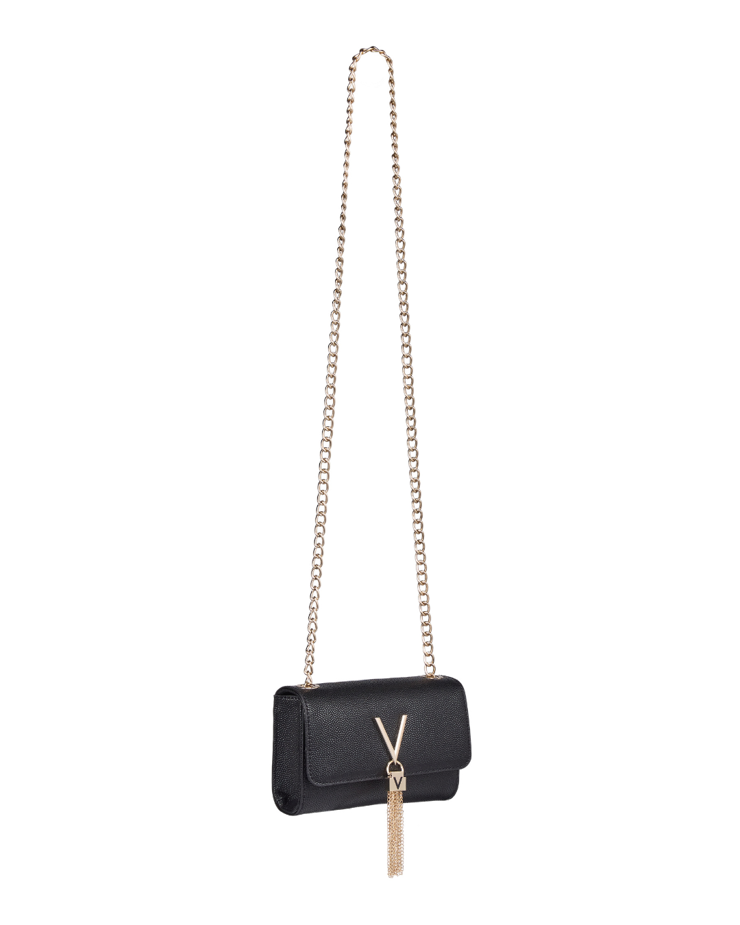 Black clutch bag with a gold chain strap