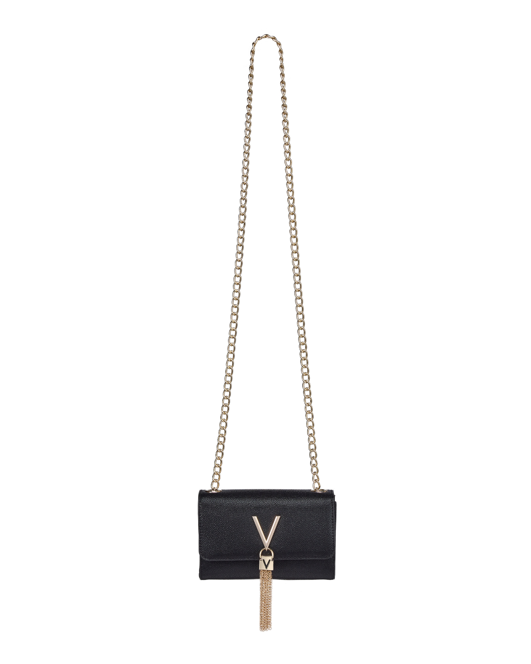 Black clutch bag with a gold chain strap 