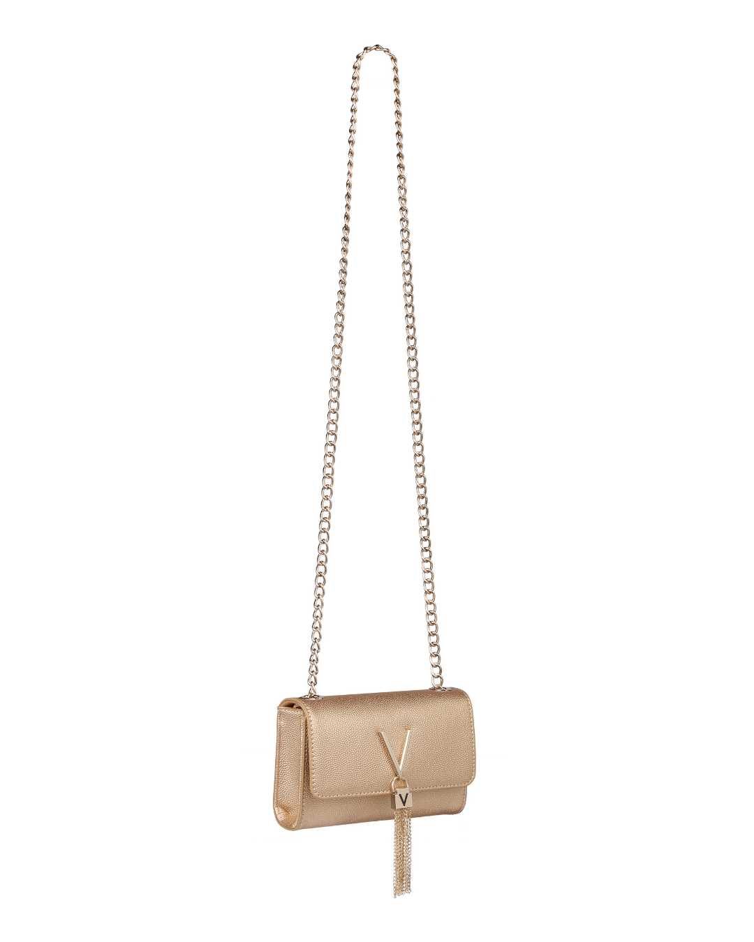 Gold clutch bag with a gold chain strap