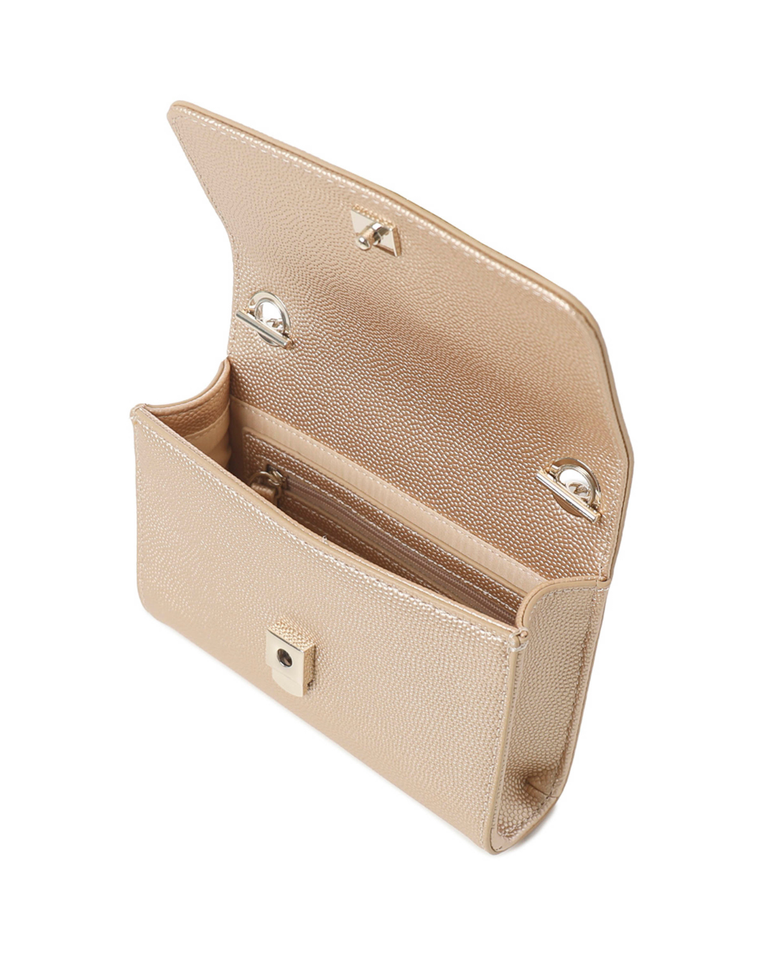 Gold clutch bag with a gold chain strap