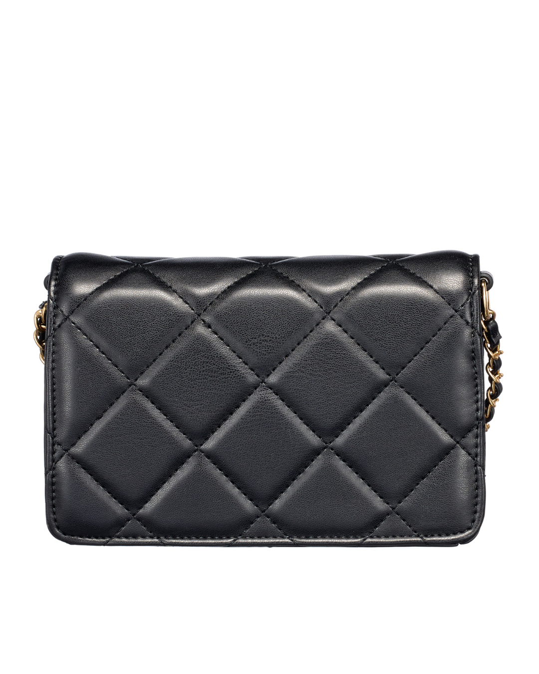 Black quilted handbag with gold chain strap