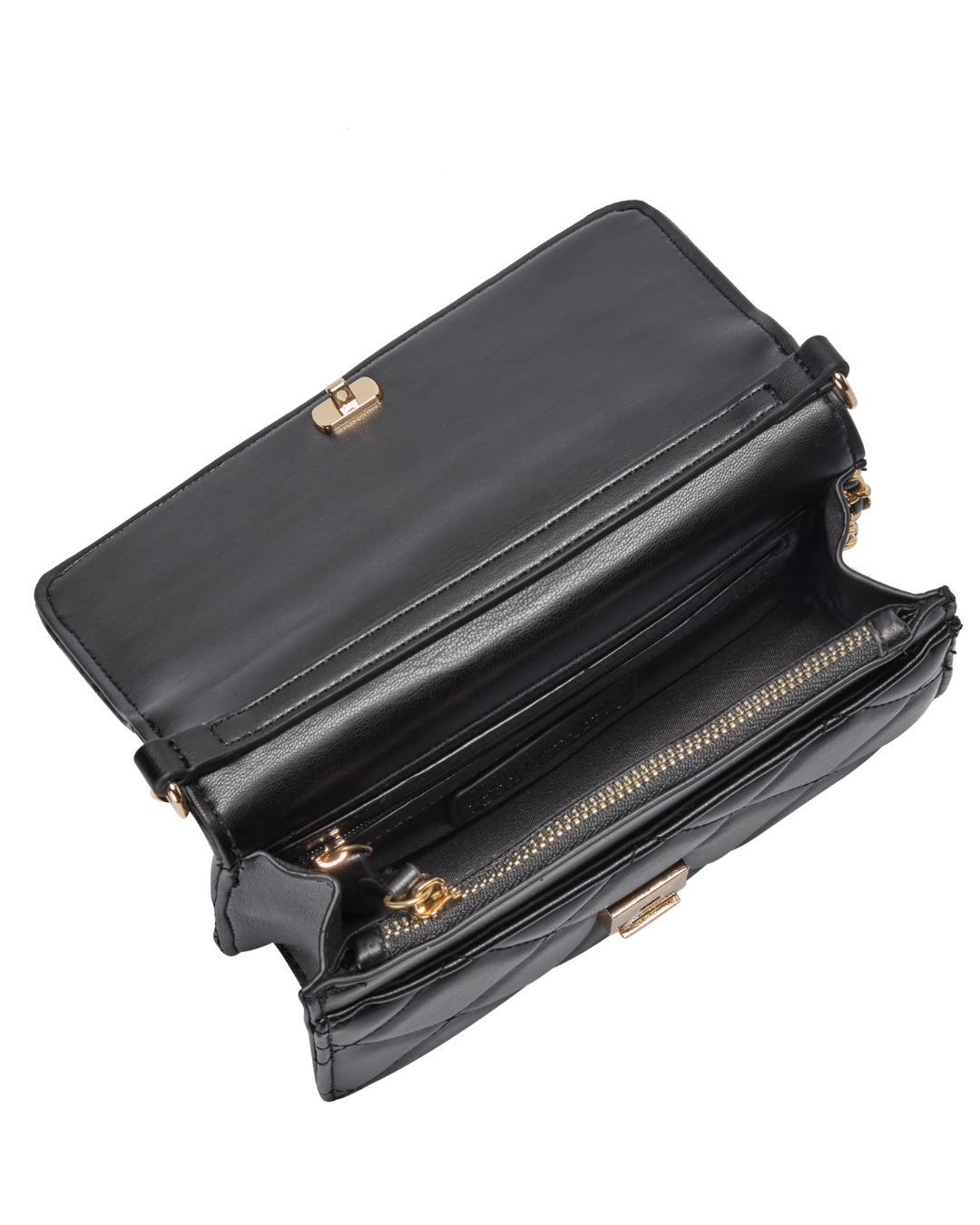 Black quilted handbag with gold chain strap