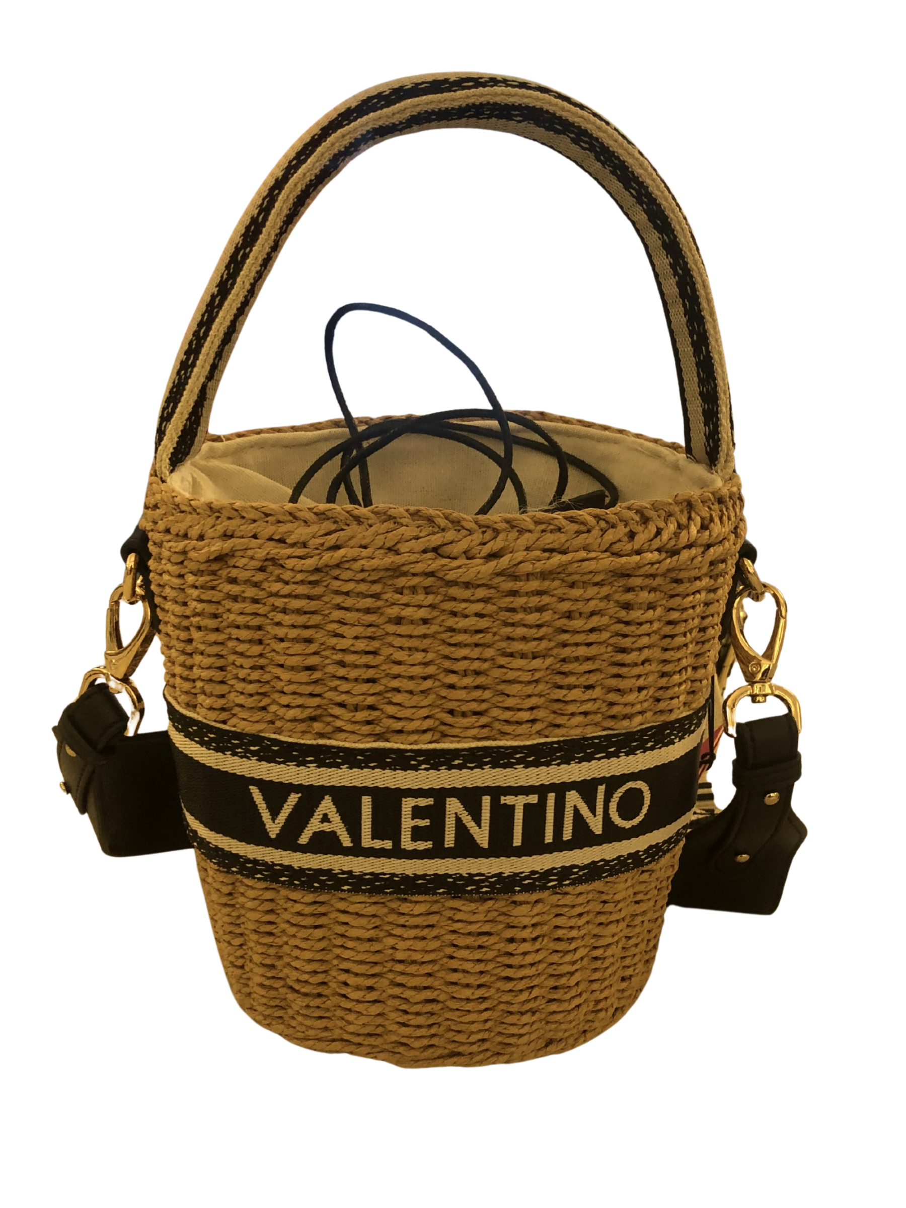 Valentino Boho bucket bag woven straw handbag with top handle, detachable branded shoulder strap and Valentino logo band.