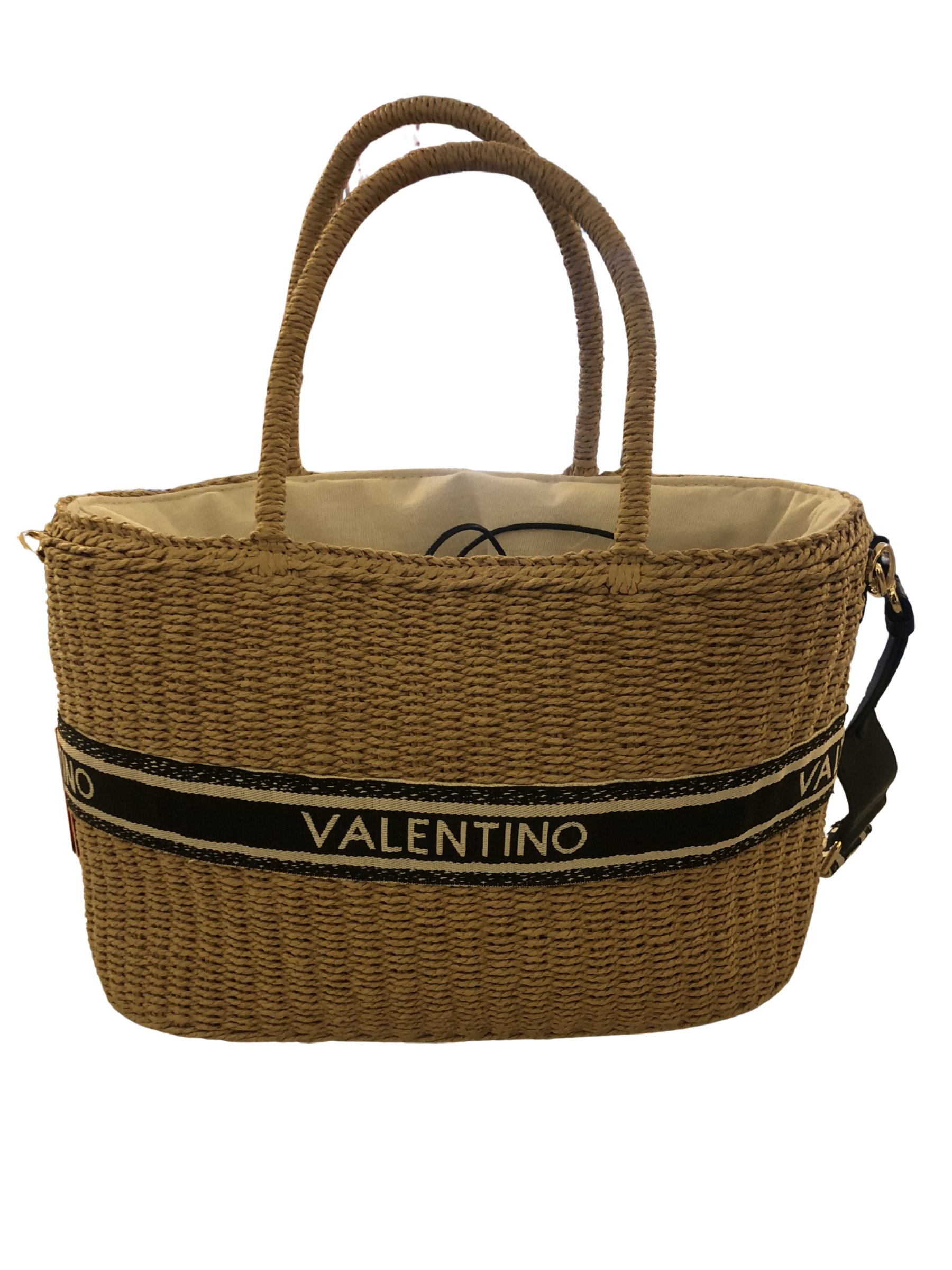 Valentino Boho shopping bag woven straw tote with Valentino logo band, top handles and detachable shoulder strap.