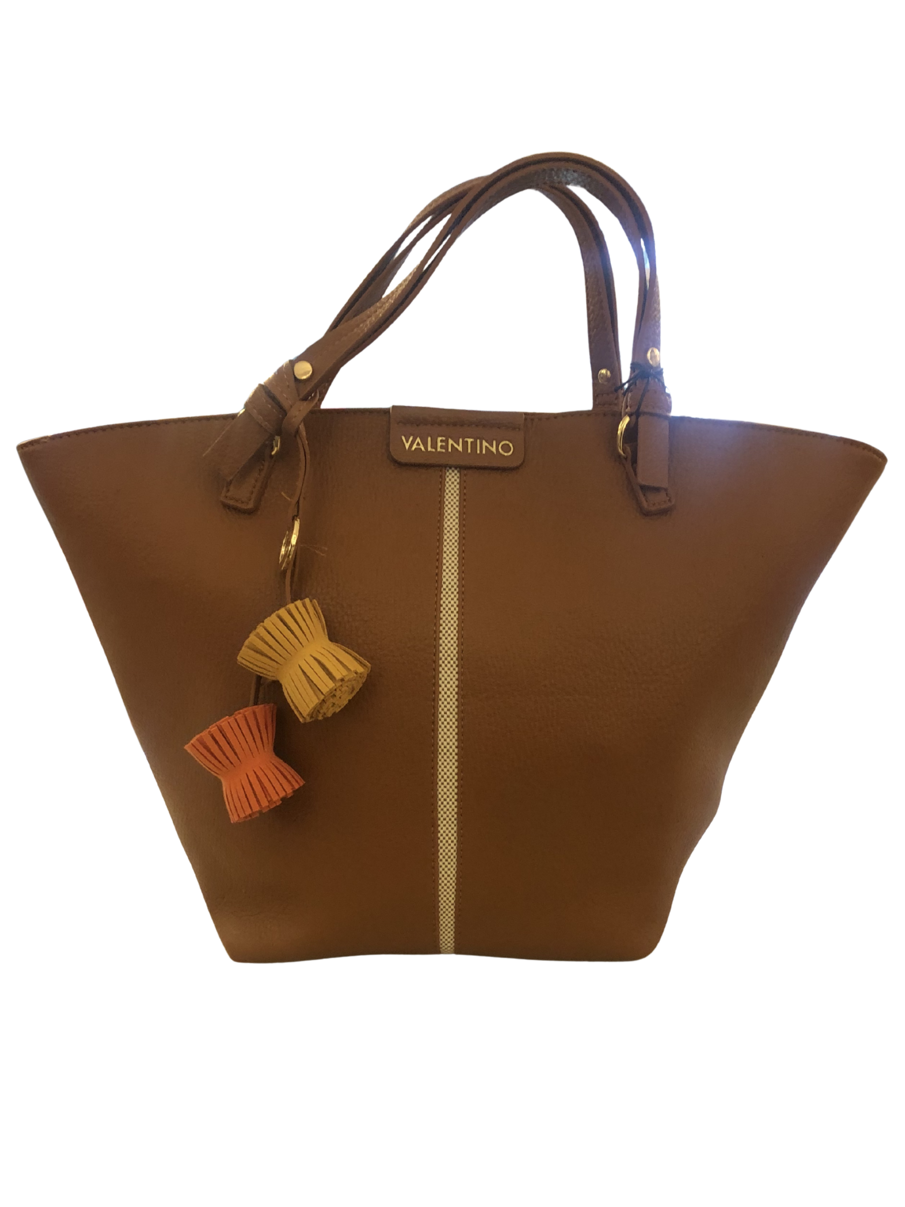 Valentino Hybris Re shopping bag designer tote handbag with top handles and central stripe detail.