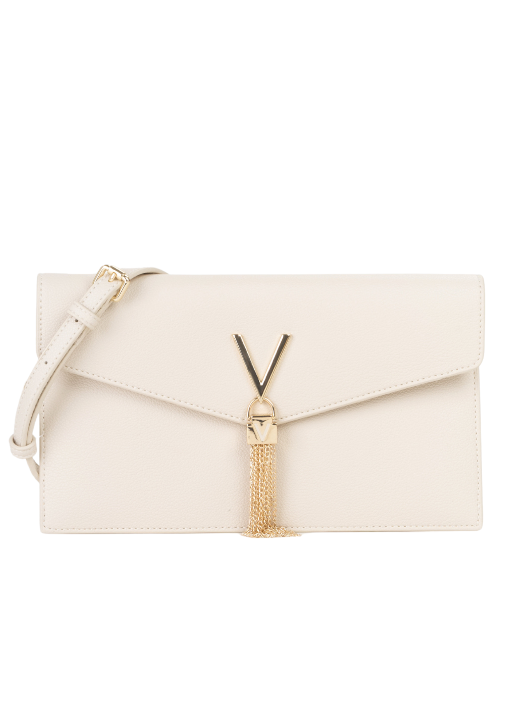 Valentino Luxe pochette bag designer envelope crossbody bag with adjustable strap, V hardware and tassel detail.