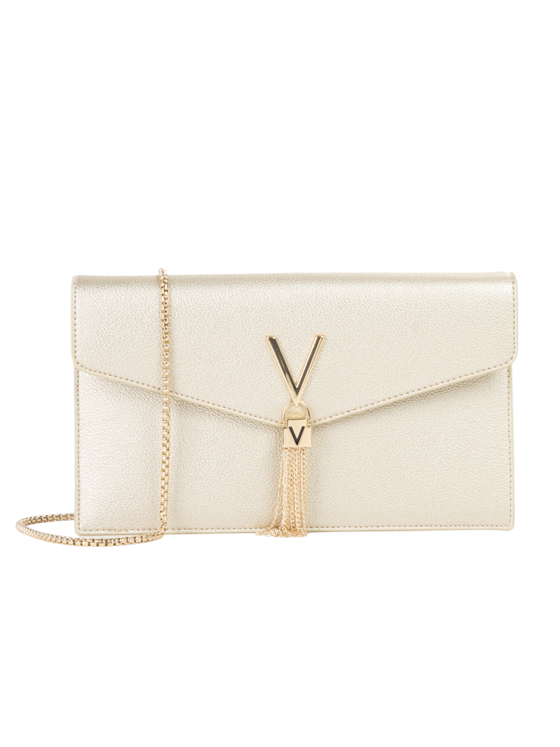 Valentino Luxe pochette bag designer envelope crossbody bag with adjustable strap, V hardware and tassel detail.