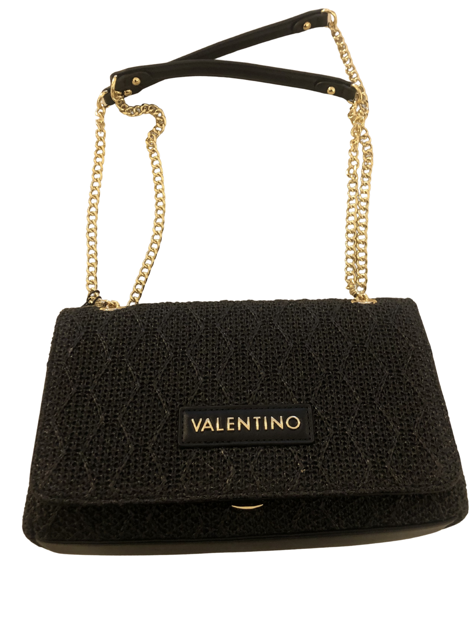 Valentino Ocarina Summer flap bag large textured woven designer shoulder bag with gold chain strap and Valentino logo plaque.