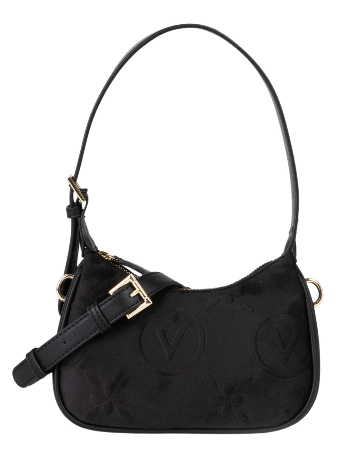 Valentino Samba Velvet Shoulder Bag with embossed velvet front, zip fastening, shoulder strap and detachable crossbody strap.