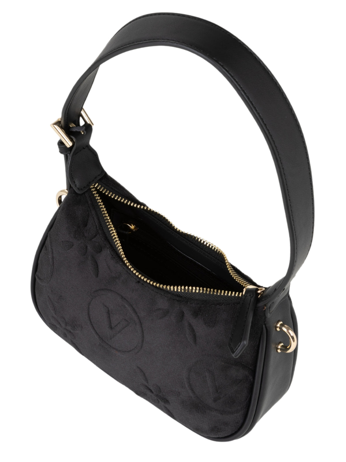 Valentino Samba Velvet Shoulder Bag with embossed velvet front, zip fastening, shoulder strap and detachable crossbody strap.