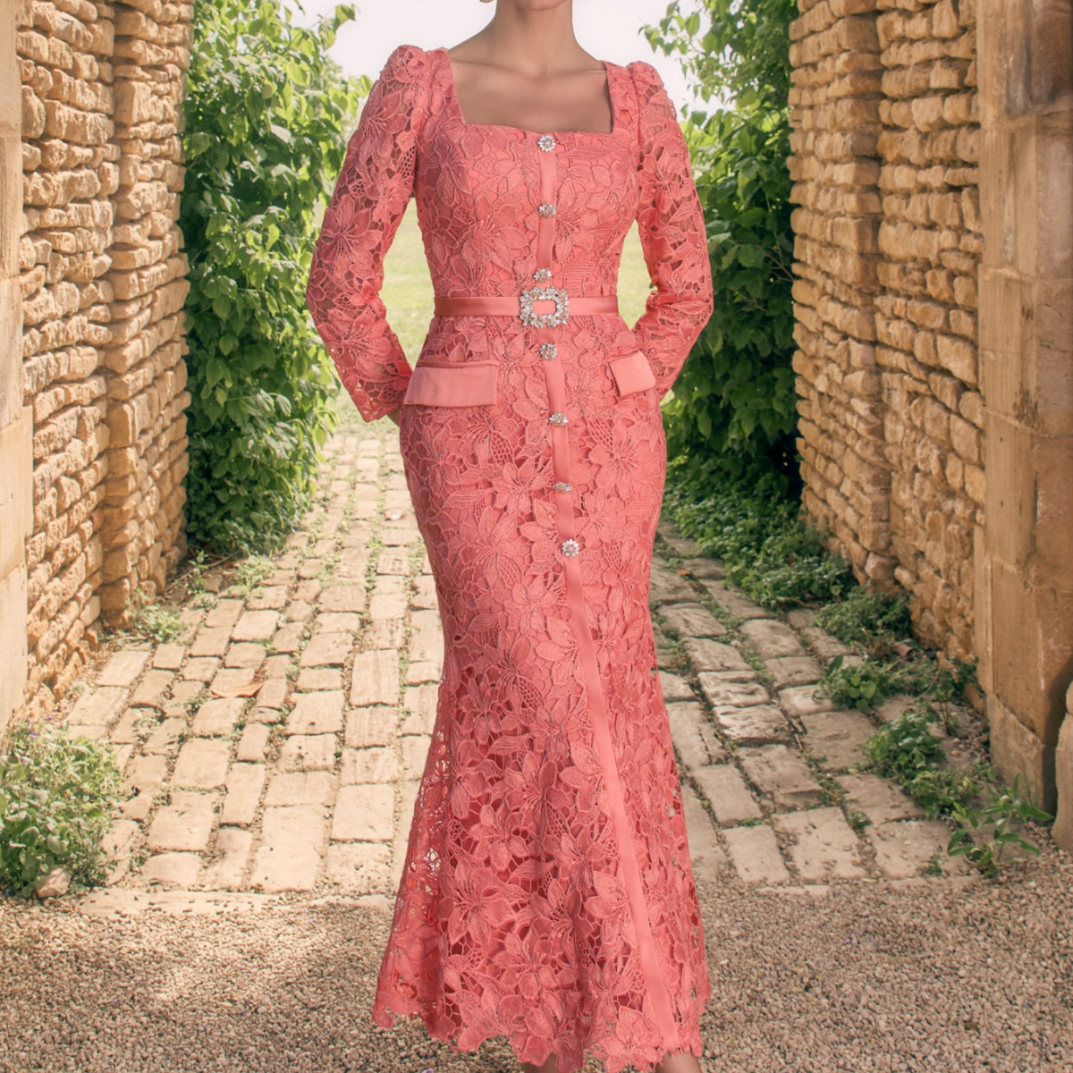 coral dress for wedding guest SHORT CHANTAL JACQUARD floral afternoon tea and outdoor wedding guest looks Coral Pink Coral Color Maxi