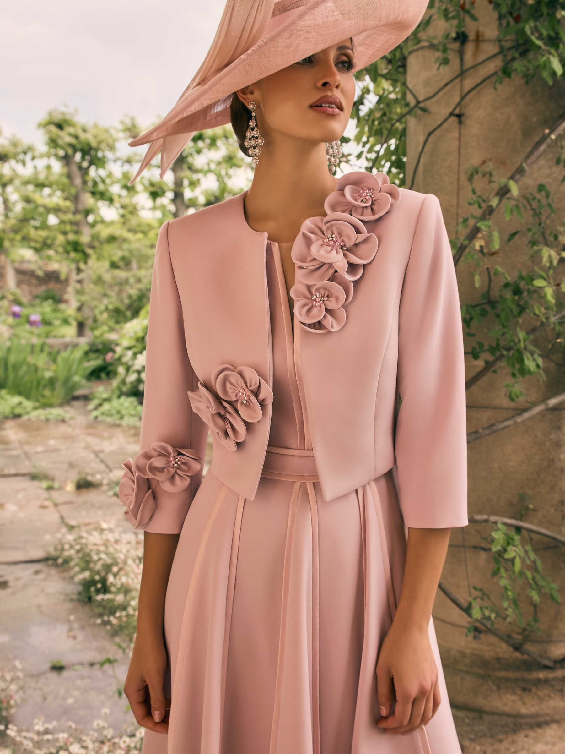 Veni Infantino 992711 Light Blush Dress & Jacket with satin trim, A-line skirt and 3D floral appliqué jacket. Elegant blush occasion outfit for weddings and special events.
