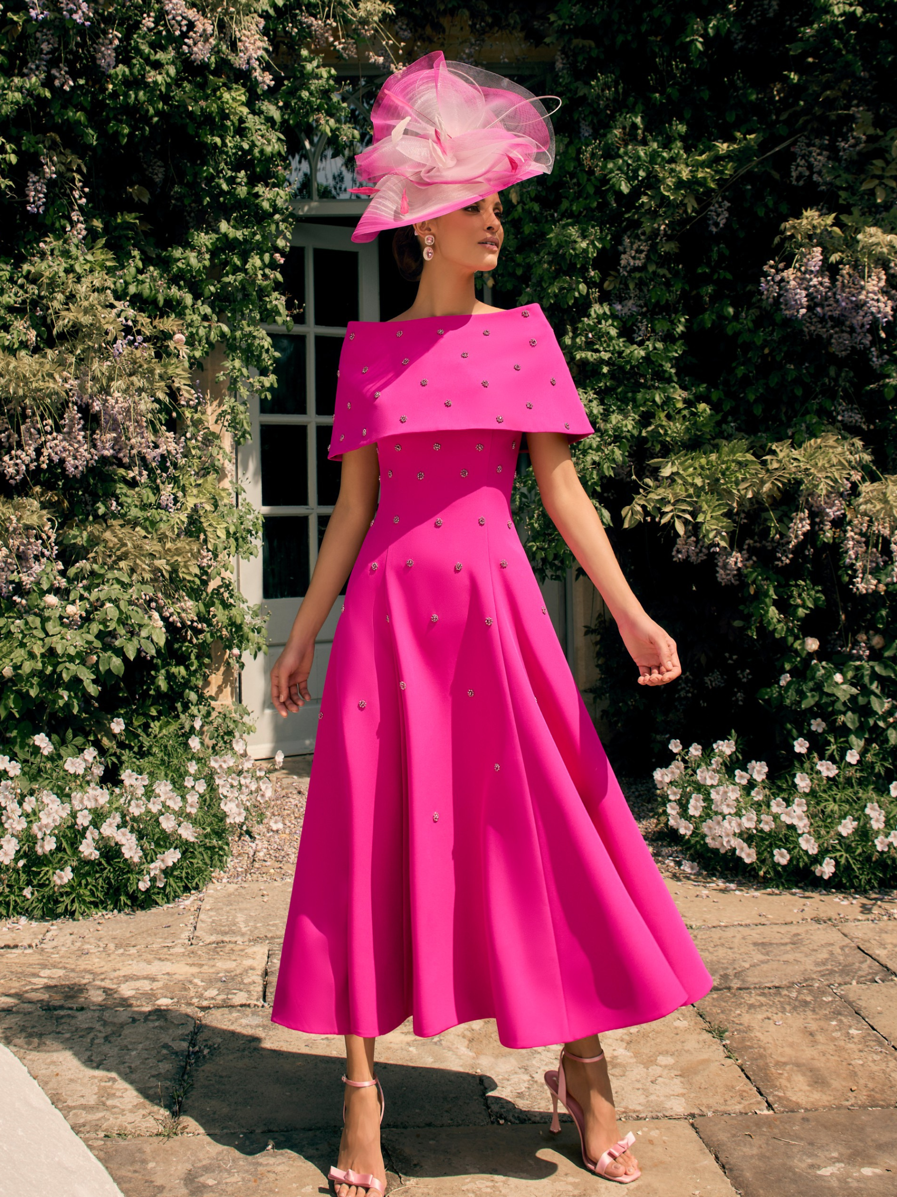 Veni Infantino 992725 Party Pink Dress with beaded trim and matching wrap, A-line flared midi occasion dress in bright pink.