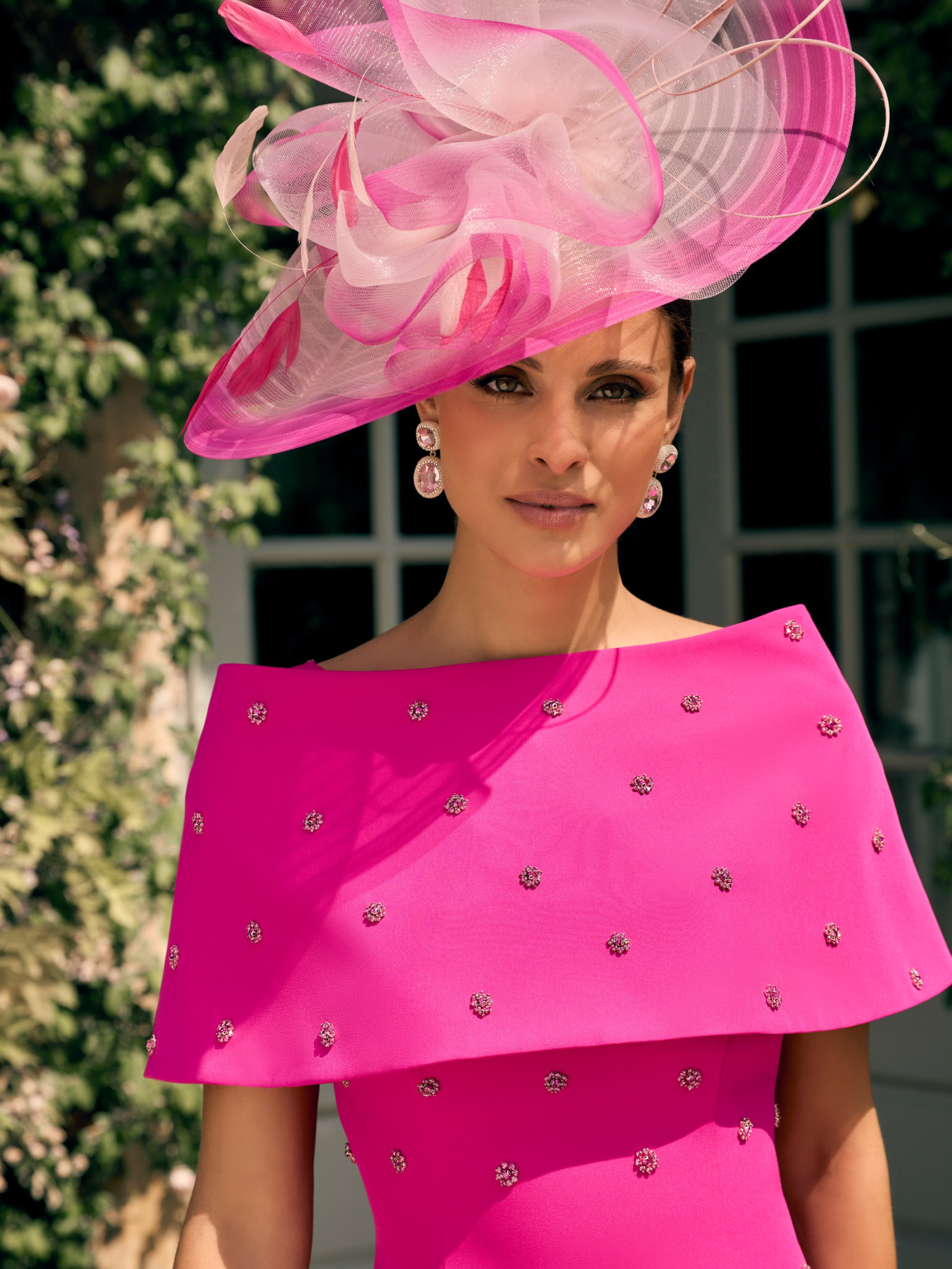 Veni Infantino 992725 Party Pink Dress with beaded trim and matching wrap, A-line flared midi occasion dress in bright pink.