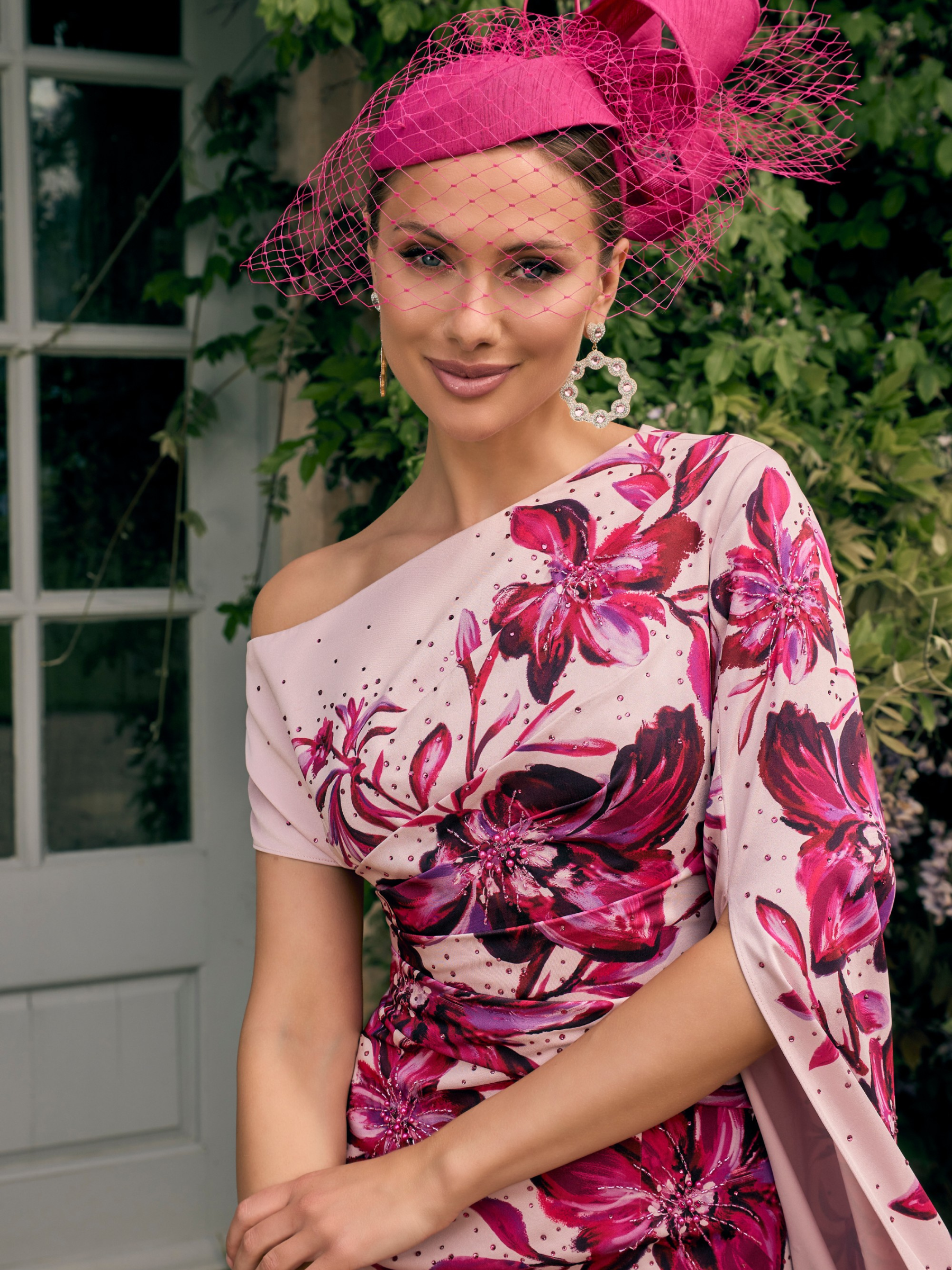 Veni Infantino 992726 Dusk/Fuchsia Print Dress with asymmetric neckline, cape sleeve and floral crepe print. Elegant midi sheath dress for weddings and special events.