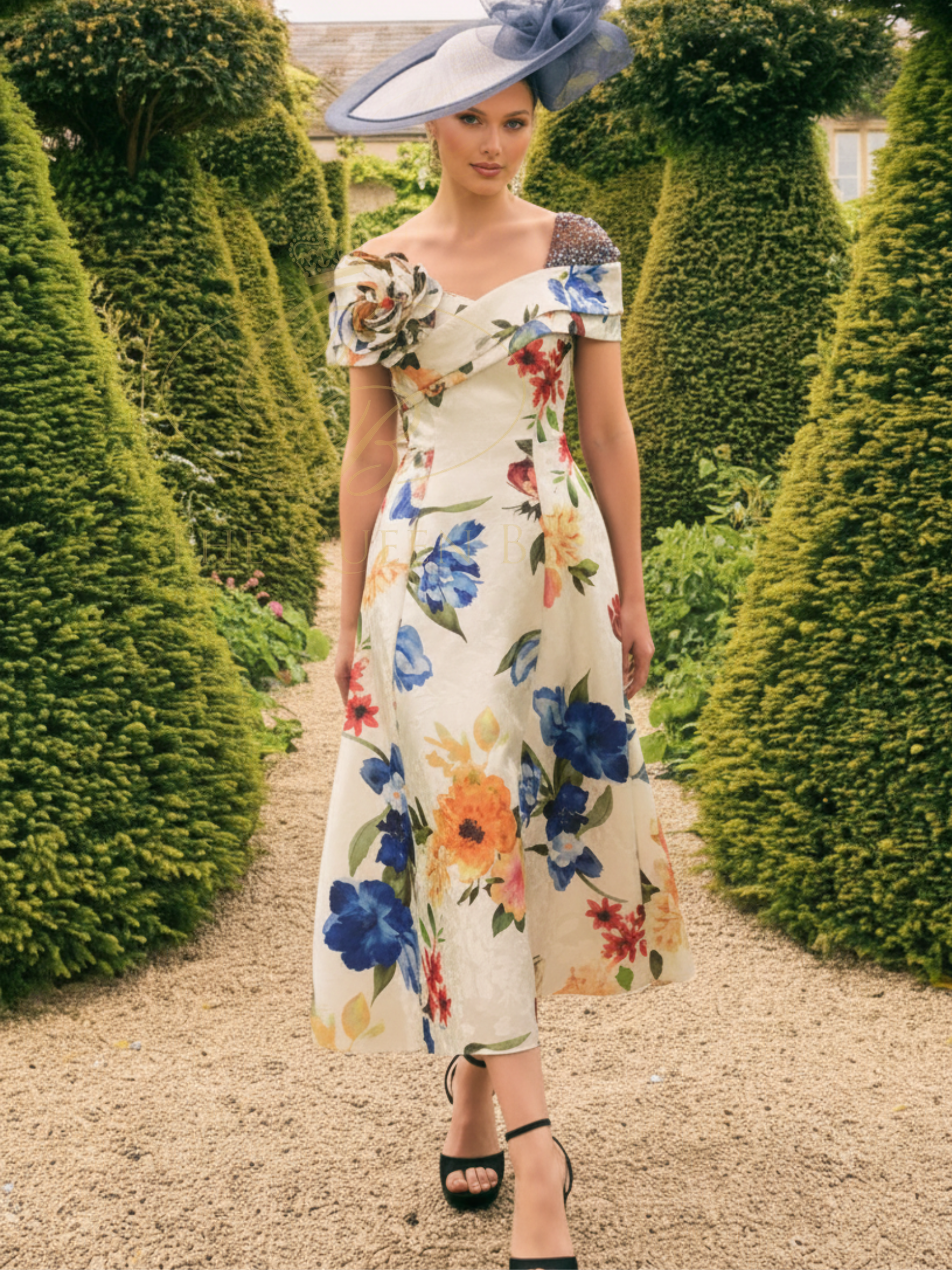 Veni Infantino 992764 Ivory/Red Multi Print jacquard dress with asymmetric Bardot neckline, beaded trim and A-line midi skirt. Elegant floral occasion dress for weddings and race days.