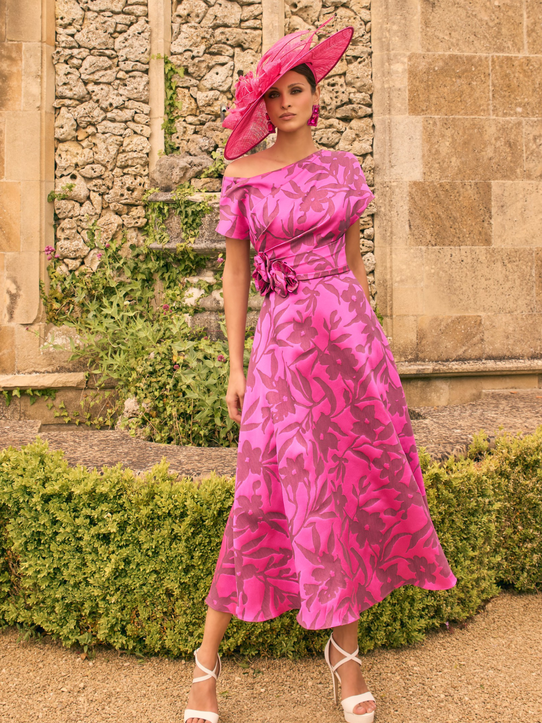 Veni Infantino 992773 Floral Wild Rose Print Dress in pink mikado floral fabric, asymmetric neckline, A-line silhouette — perfect for Mother of the Bride, Mother of the Groom and stylish wedding guests