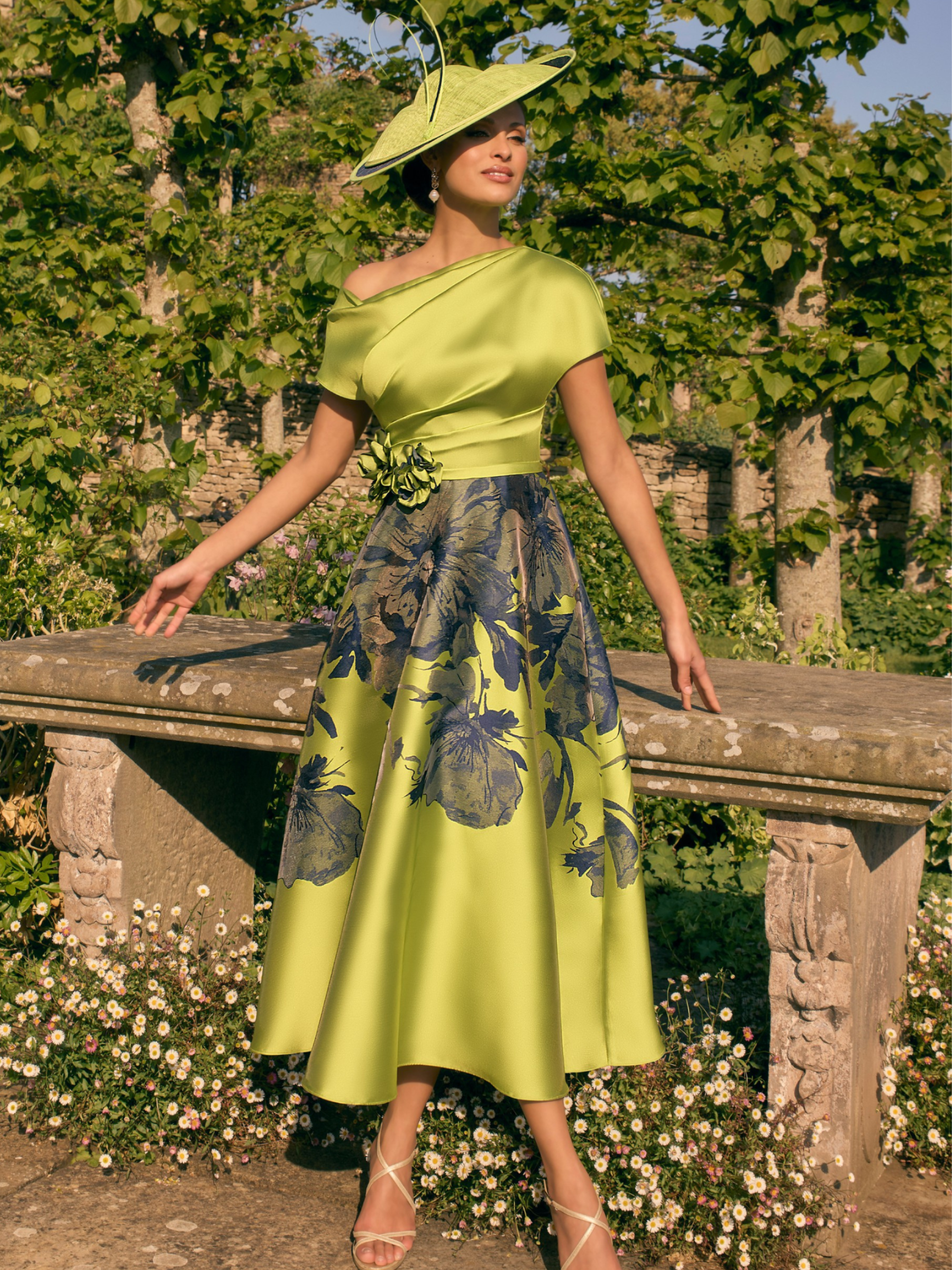 Veni Infantino 992773 Lime/Navy Print mikado dress with asymmetric neckline, floral appliqué and A-line skirt. Elegant Mother of the Bride/Groom dress for weddings and special occasions.