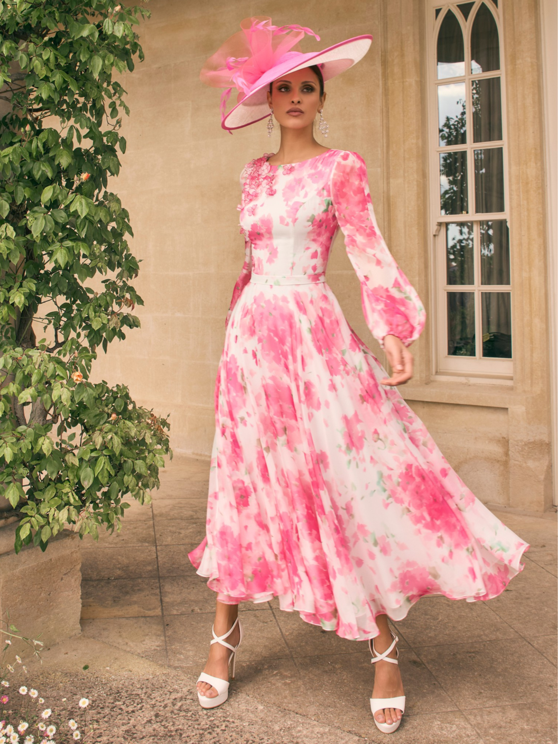 Veni Infantino 992775 Cherry Blossom Print Dress in chiffon with floral appliqués, elegant flared skirt and sheer sleeves – luxury occasion wear for weddings, Mother of the Bride and summer events.