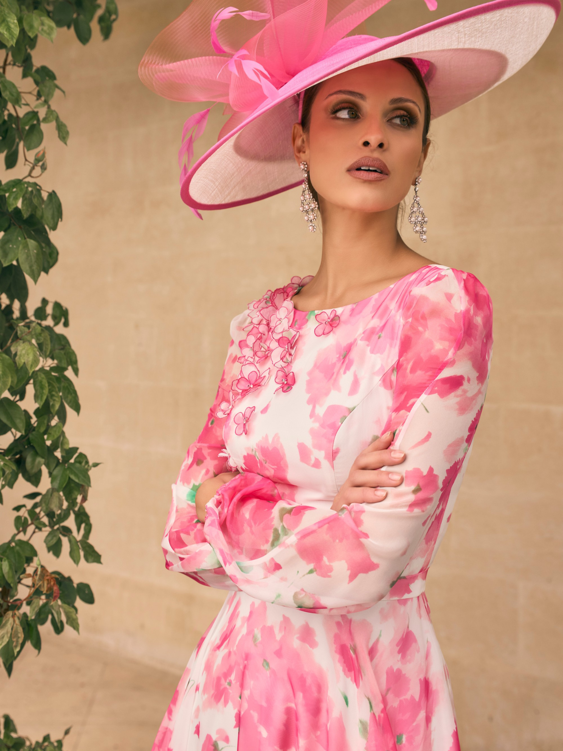 Veni Infantino 992775 Cherry Blossom Print Dress in chiffon with floral appliqués, elegant flared skirt and sheer sleeves – luxury occasion wear for weddings, Mother of the Bride and summer events.