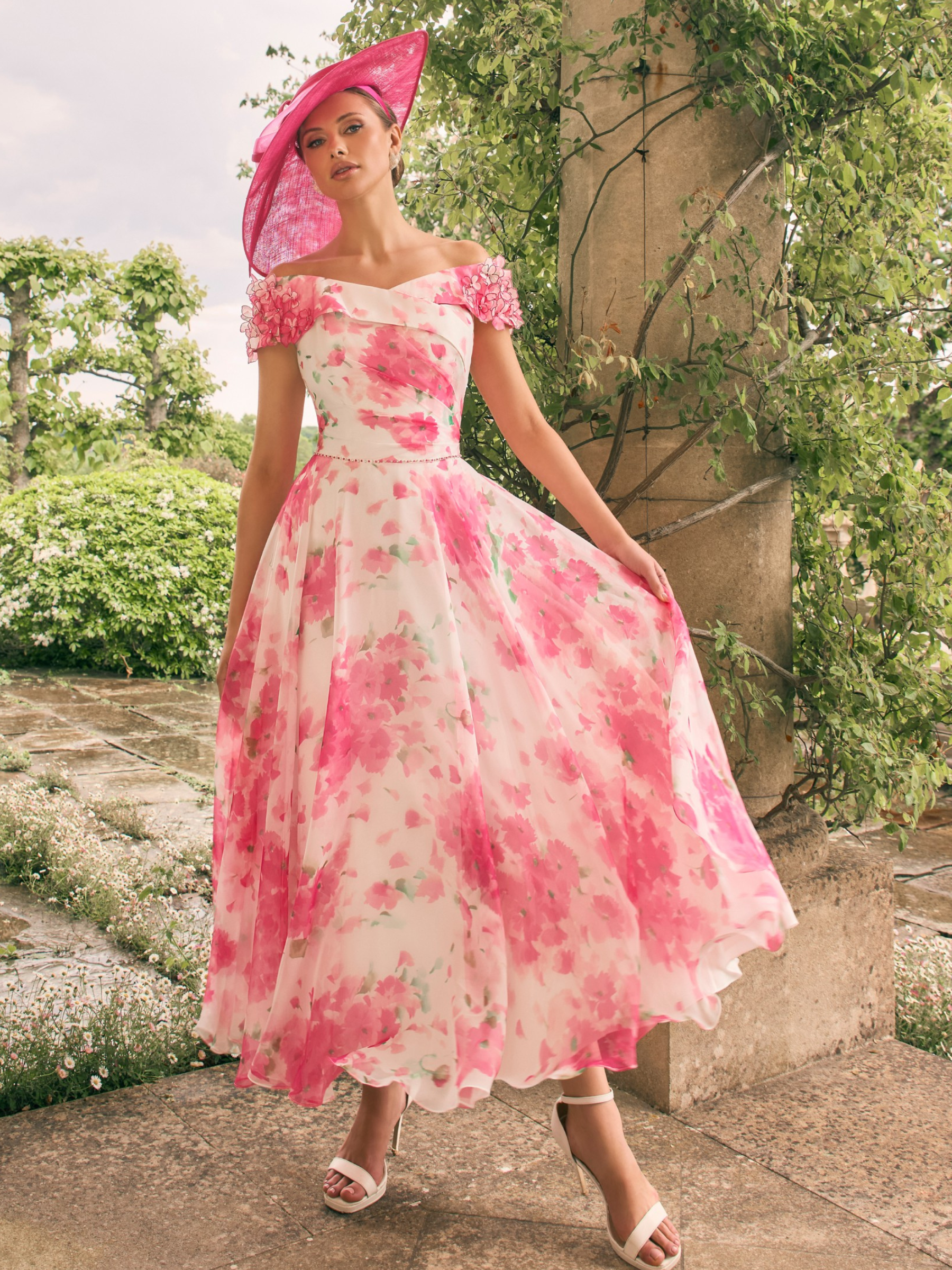 Veni Infantino 992776 Cherry Blossom Print chiffon dress with 3D flower appliqués, off-the-shoulder neckline and flared maxi skirt – perfect wedding guest, Mother of the Bride or summer occasion wear outfit.