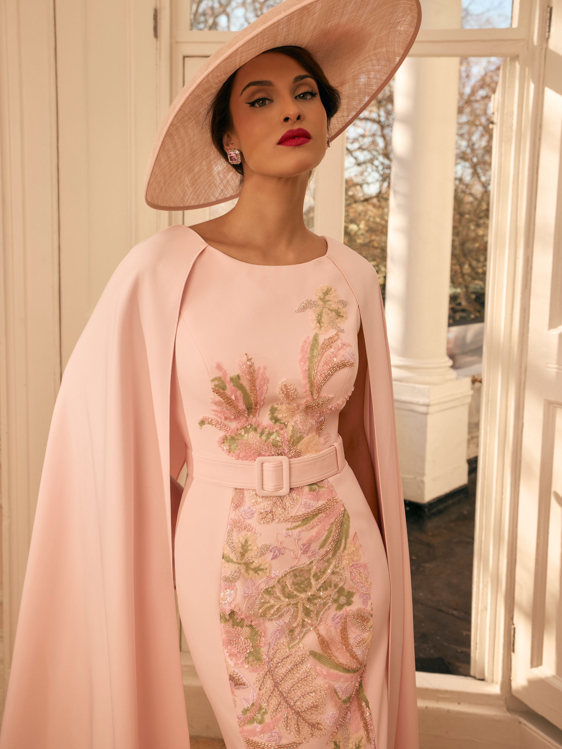 Veni Infantino 992800 Light Pink Dress with boat neckline, floral embroidery, beading, belt and flowing overlay