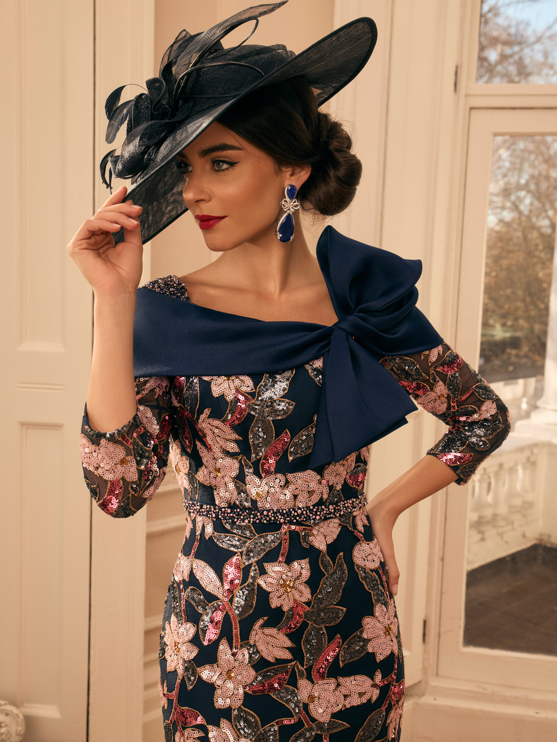 Veni Infantino 992801 Navy Dress with off-the-shoulder bow neckline, floral sequins, beading and sheer sleeves