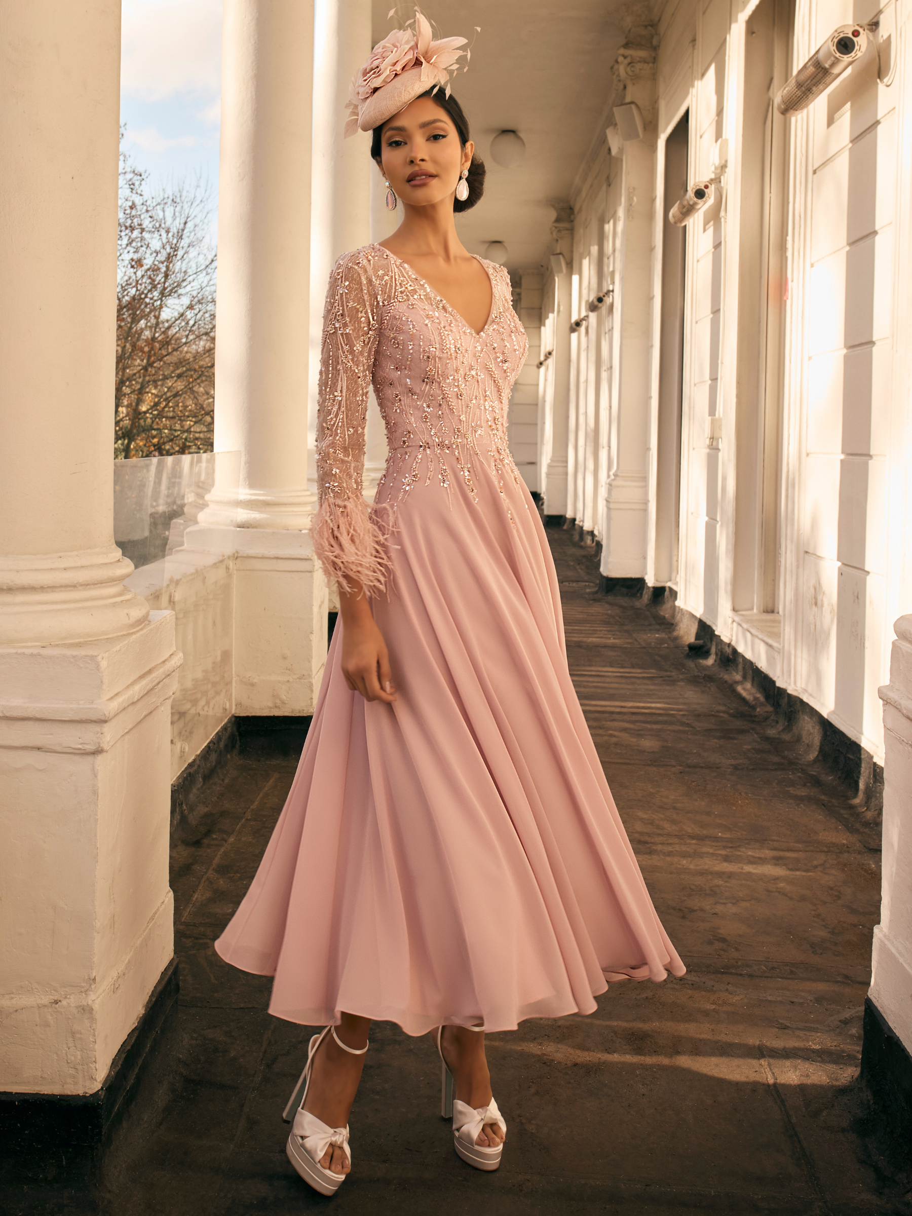 Veni Infantino 992802 Blush Dress with V-neckline, beaded bodice, feather cuff sleeves and A-line midi skirt