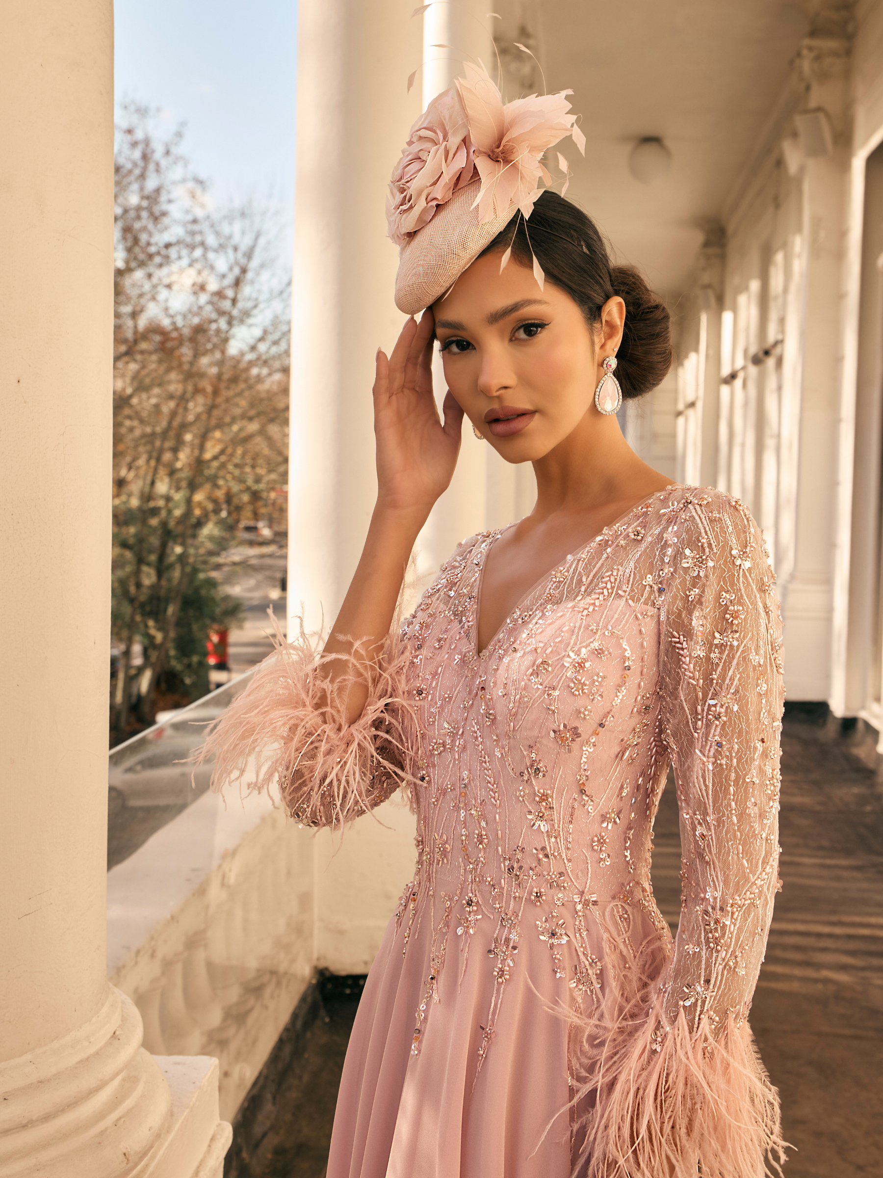 Veni Infantino 992802 Blush Dress with V-neckline, beaded bodice, feather cuff sleeves and A-line midi skirt