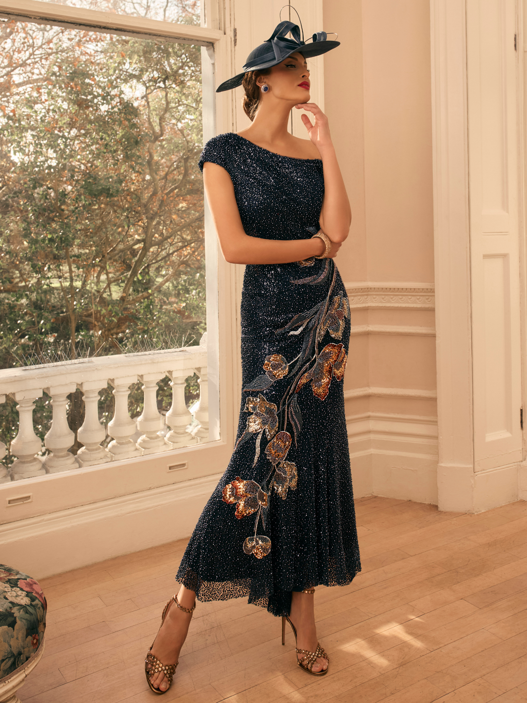Veni Infantino 992803 Navy Dress with off-the-shoulder neckline, floral beading and fit and flare midi shape