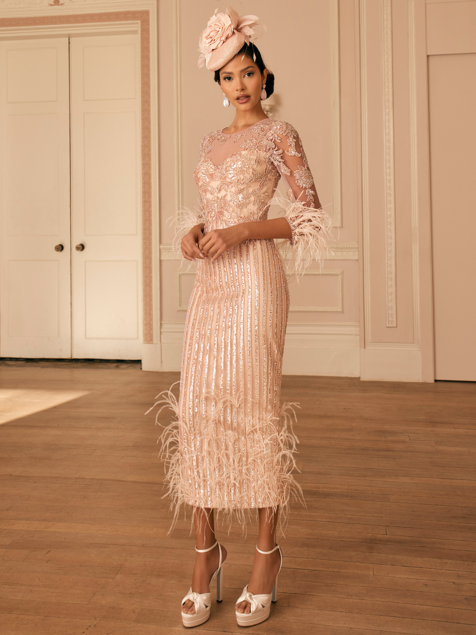 Veni Infantino 992808 Dusty Rose Dress with illusion neckline, beaded lace, feather cuffs and fitted midi shape