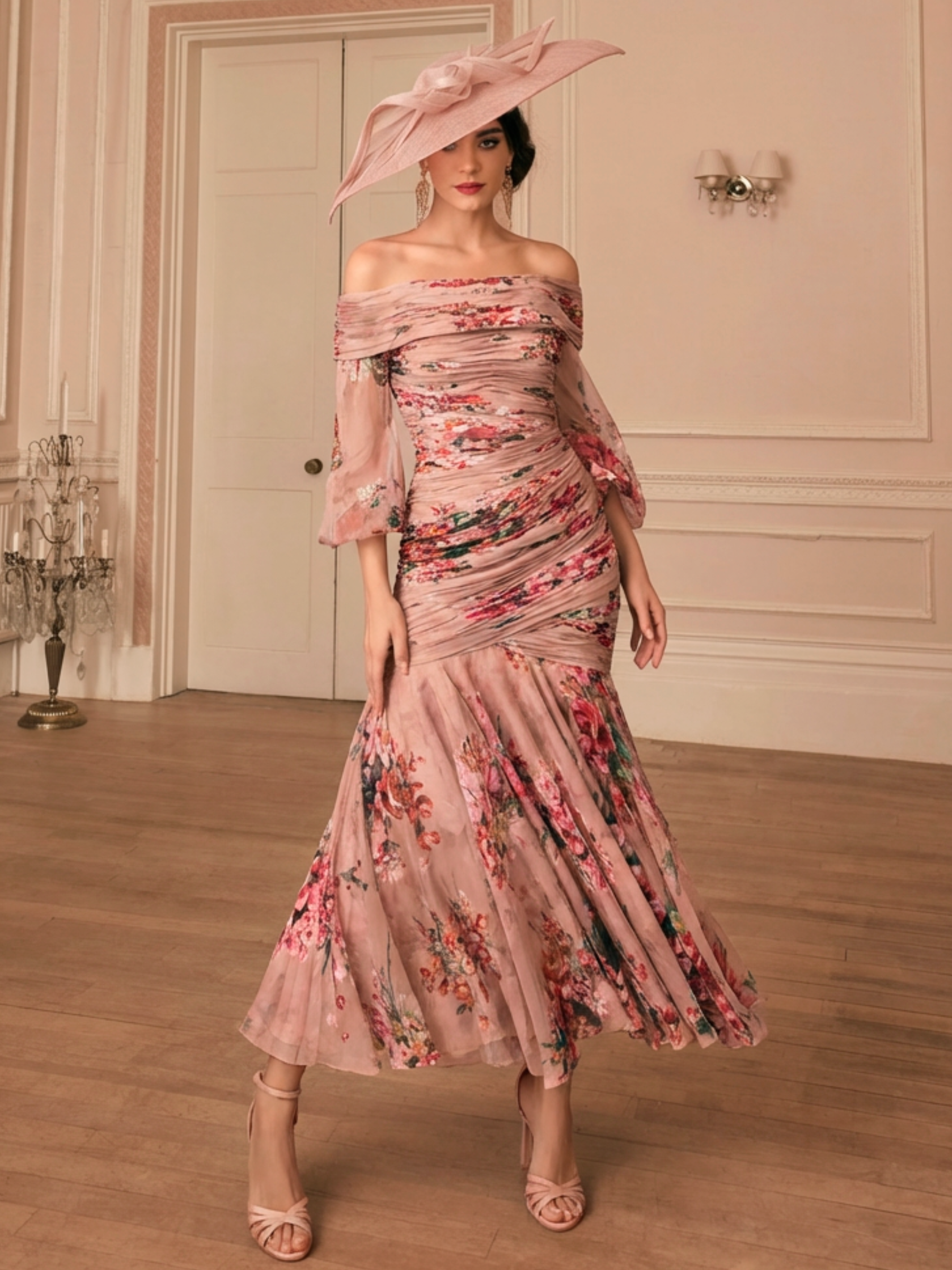 Veni Infantino 992821 Blush / Multi Print Dress with off-the-shoulder neckline, floral print, ruched bodice and fishtail skirt