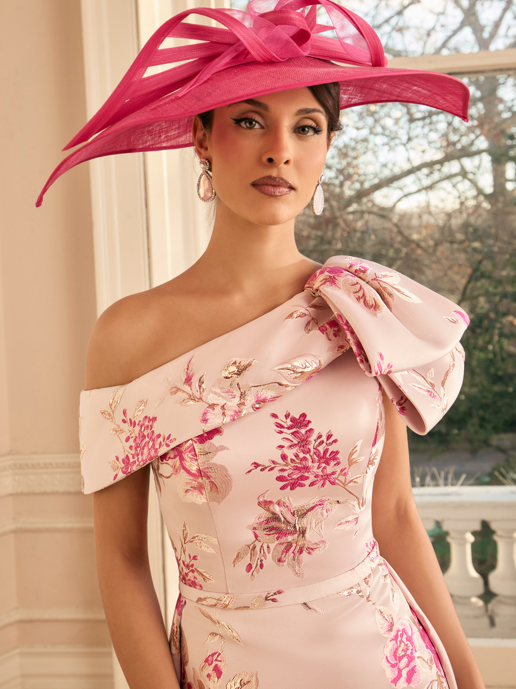 Veni Infantino 992829 Almond / Hot Pink Dress with asymmetric neckline, bow detail and floral jacquard fabric