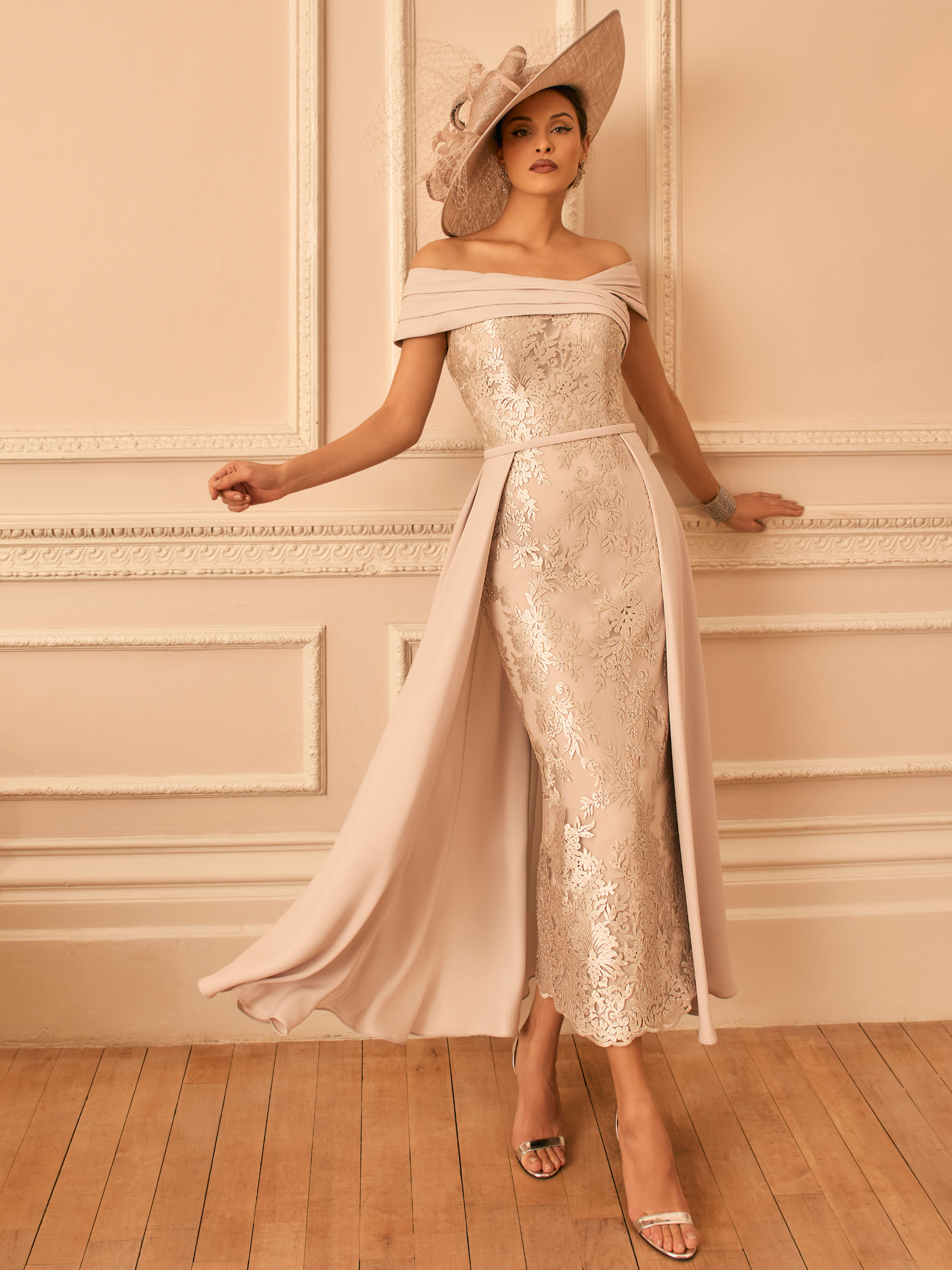 Veni Infantino 992842 Taupe Dress with Bardot neckline, floral lace embroidery, beading and asymmetric overskirt