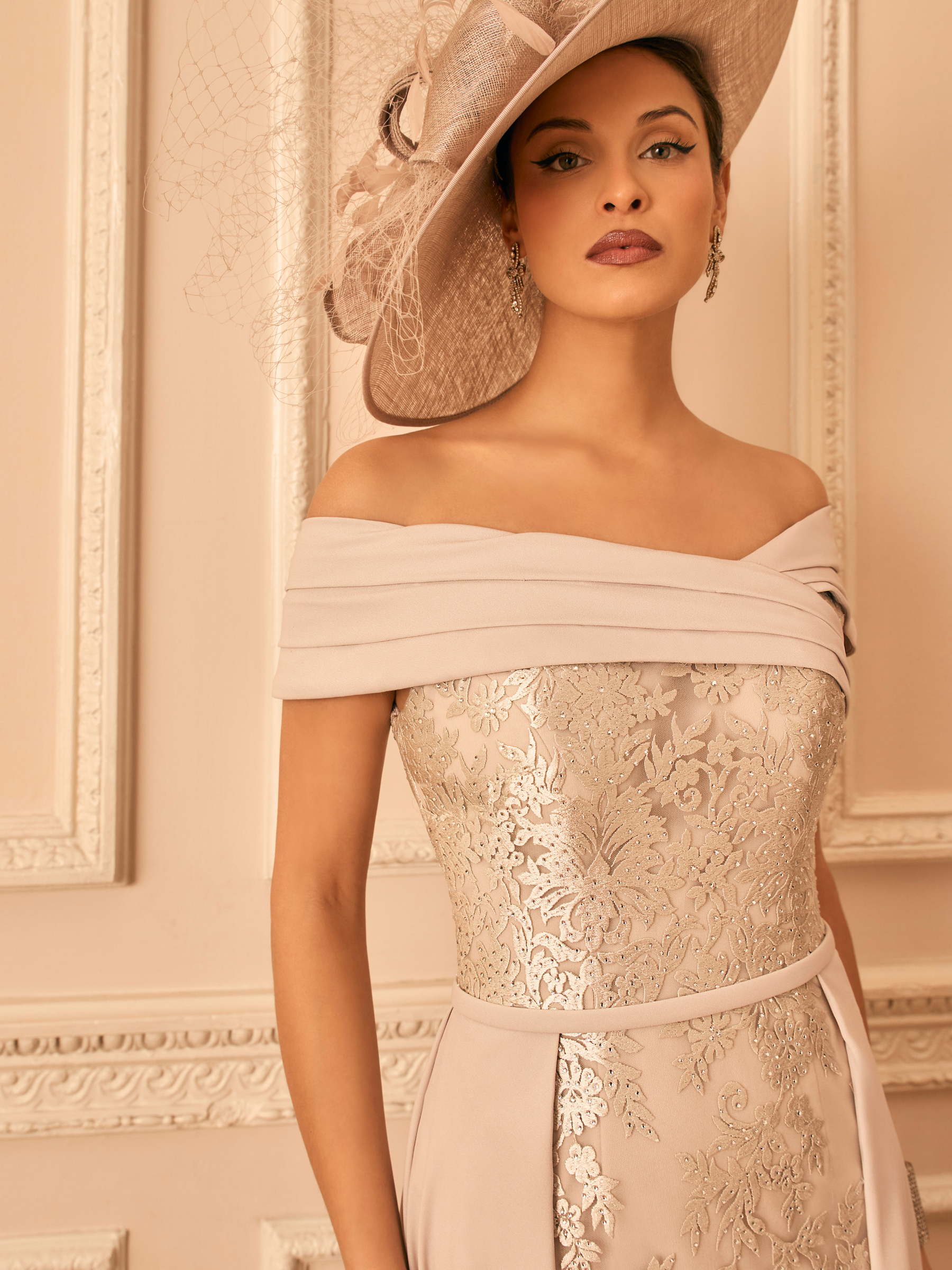 Veni Infantino 992842 Taupe Dress with Bardot neckline, floral lace embroidery, beading and asymmetric overskirt