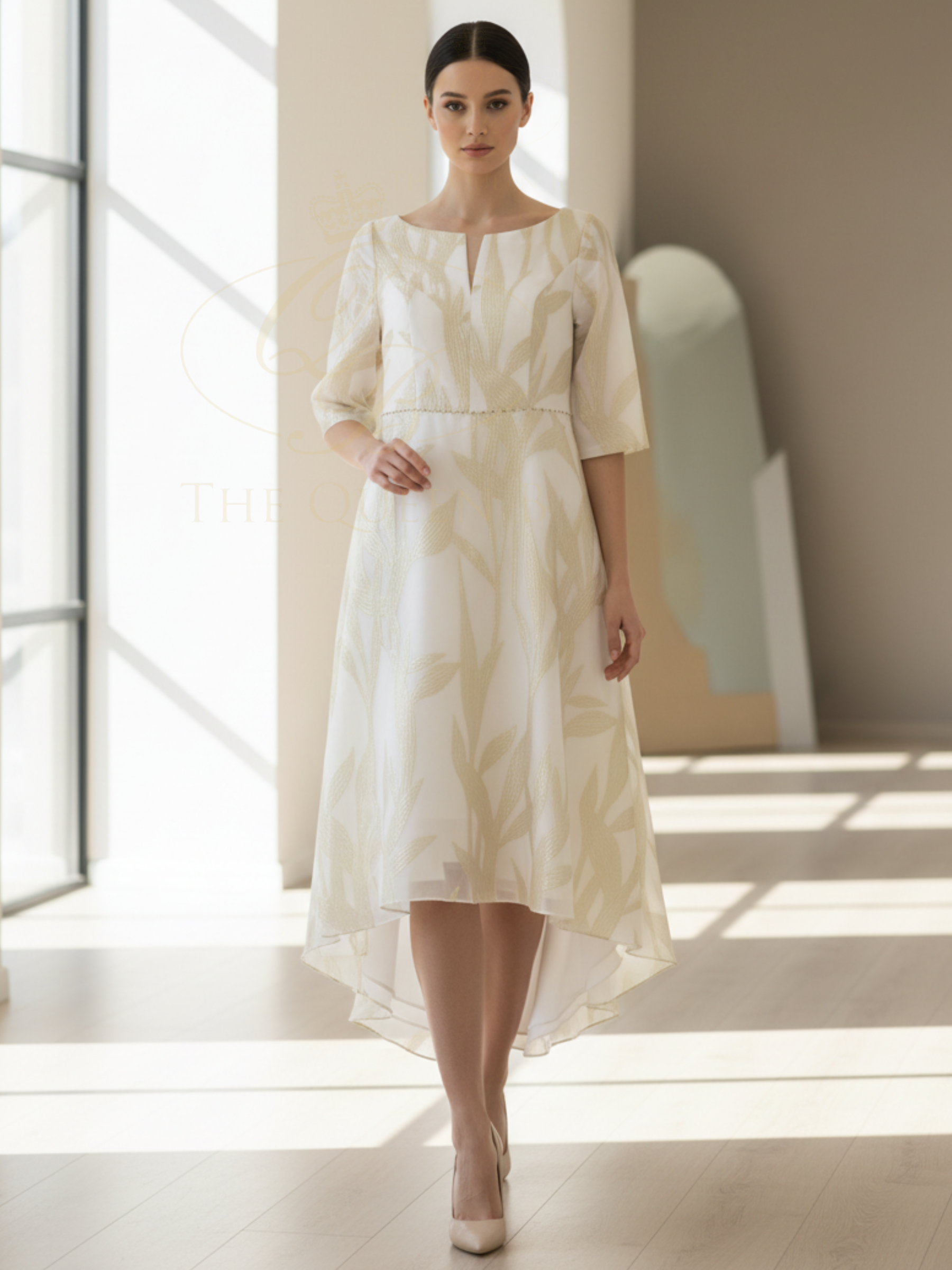 Veromia Occasions VO2937 Gold Dress with three-quarter sleeves, floral chiffon skirt, defined waistband and elegant dipped hemline.