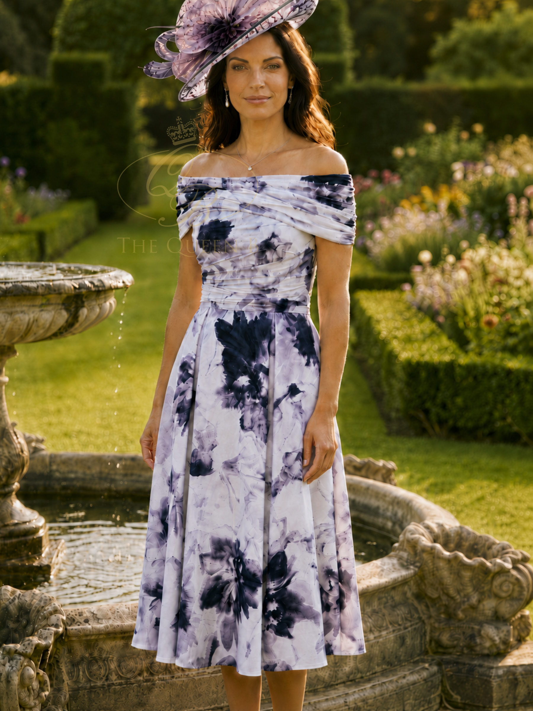 Veromia Occasions VO3144 Navy Pink Dress with Bardot neckline, ruched bodice and floral fit-and-flare skirt