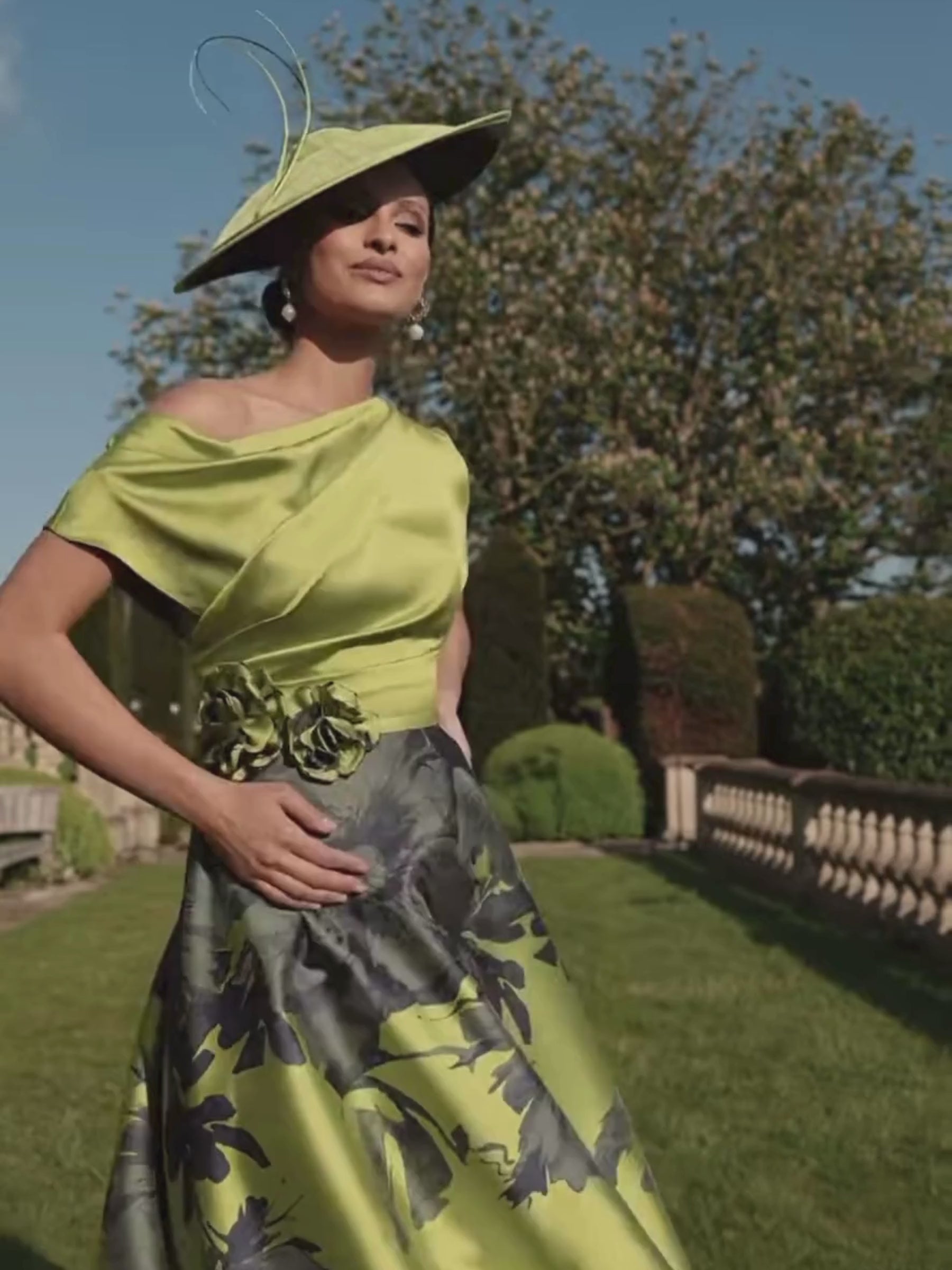 Veni Infantino 992773 Lime/Navy Print mikado dress with asymmetric neckline, floral appliqué and A-line skirt. Elegant Mother of the Bride/Groom dress for weddings and special occasions.