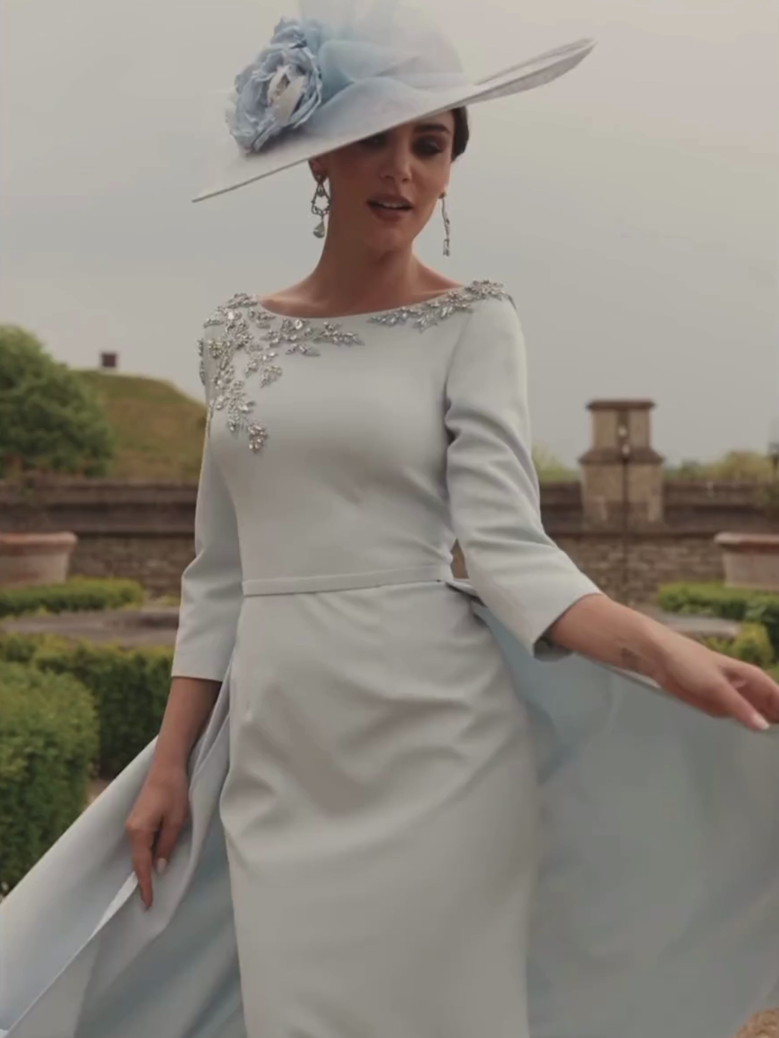 Veni Infantino 992795 Grey Blue Dress – crepe fit-and-flare occasion dress with beaded neckline, half overskirt and elegant ankle-length silhouette for weddings and formal events.