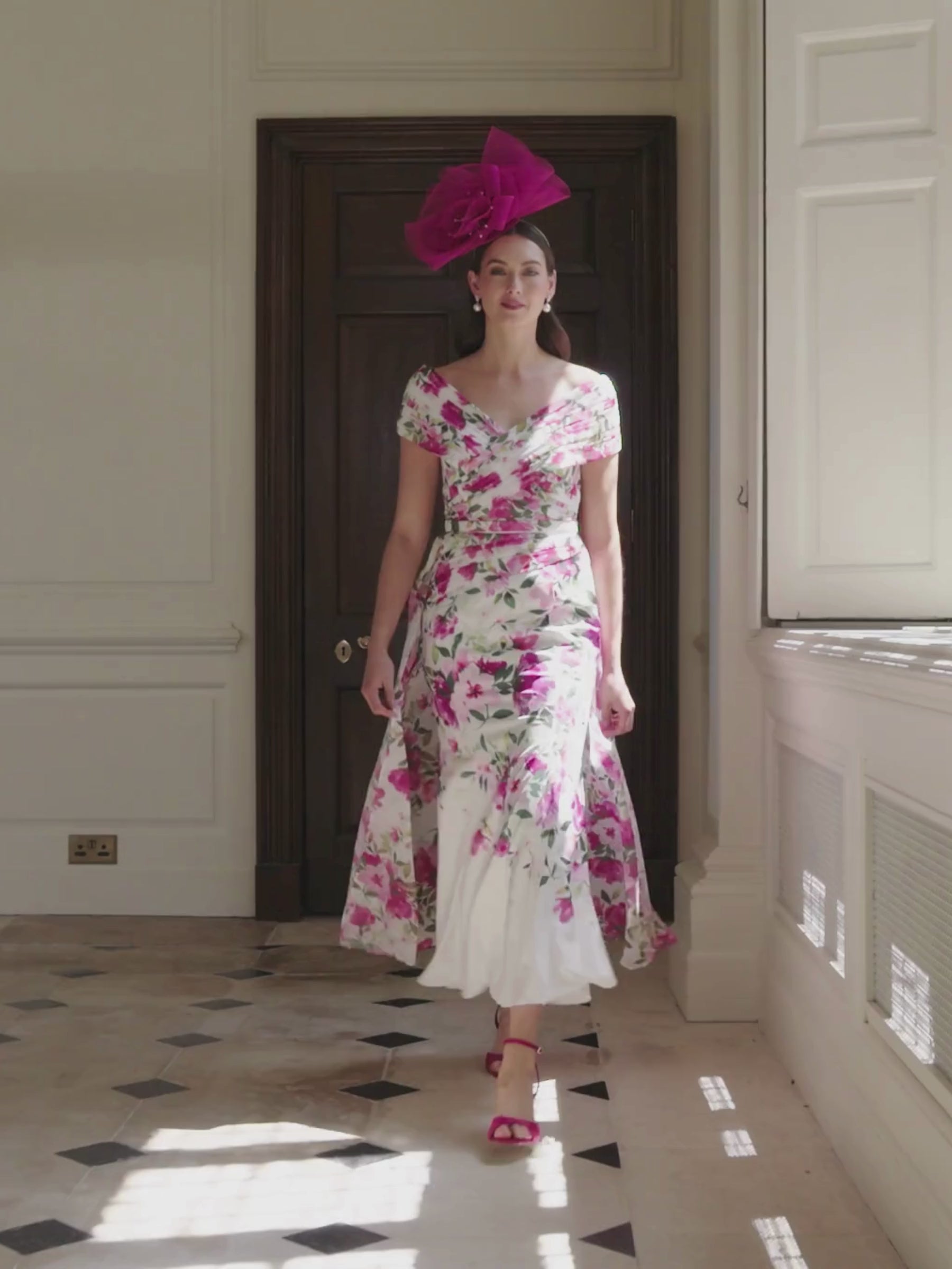 John Charles 66743 Spring Dress with off-shoulder neckline, pleated bodice, floral print, fit-and-flare skirt and detachable chiffon overskirt.