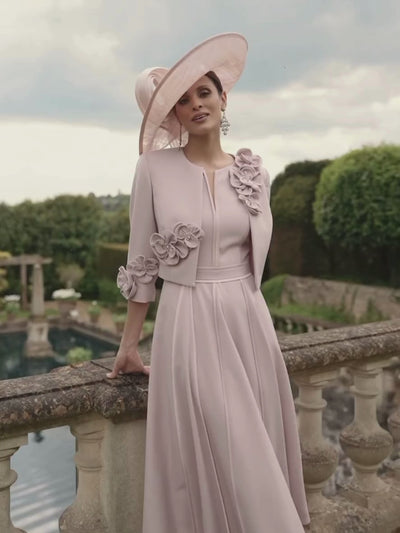 Veni Infantino 992711 Light Blush Dress & Jacket with satin trim, A-line skirt and 3D floral appliqué jacket. Elegant blush occasion outfit for weddings and special events.