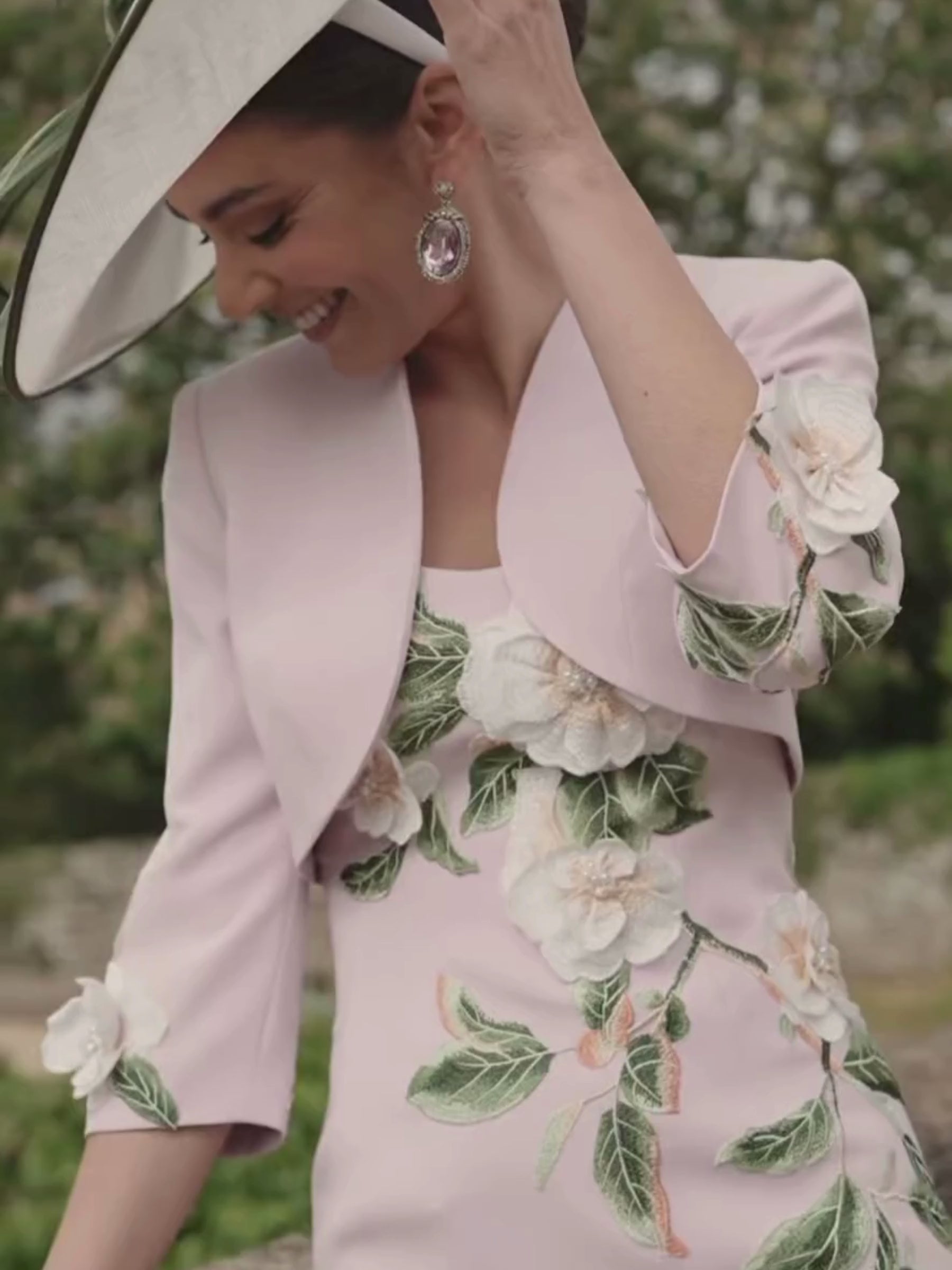 Veni Infantino 992716 Rose/Ivory Green Dress & Jacket with embroidered floral appliqués, sheath silhouette and coordinating cropped jacket. Elegant occasion wear for weddings and refined events.