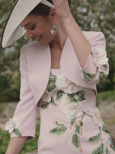 Veni Infantino 992716 Rose/Ivory Green Dress & Jacket with embroidered floral appliqués, sheath silhouette and coordinating cropped jacket. Elegant occasion wear for weddings and refined events.