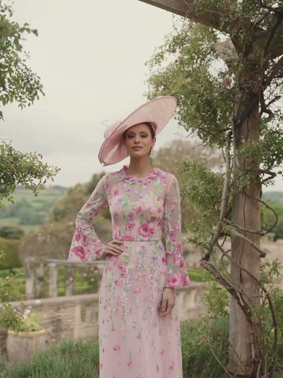 Veni Infantino 992721 Blush/Multi embroidered tulle and organza midi dress with floral detailing and sheer sleeves. Perfect for weddings and elegant summer events.