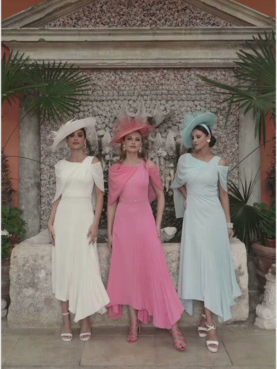 Veni Infantino 992785 Mint Dress – elegant mint asymmetric occasion dress with chiffon cape sleeves, pleated skirt and delicate beaded trim.