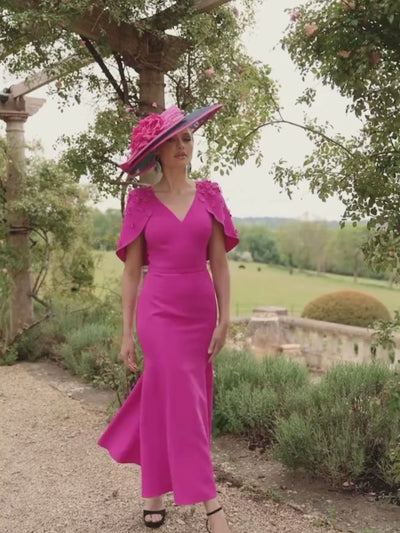 Veni Infantino 992727 Party Pink Dress with V-neckline, cape-effect floral sleeves and flared midi skirt. Elegant crepe occasion dress for weddings and events.