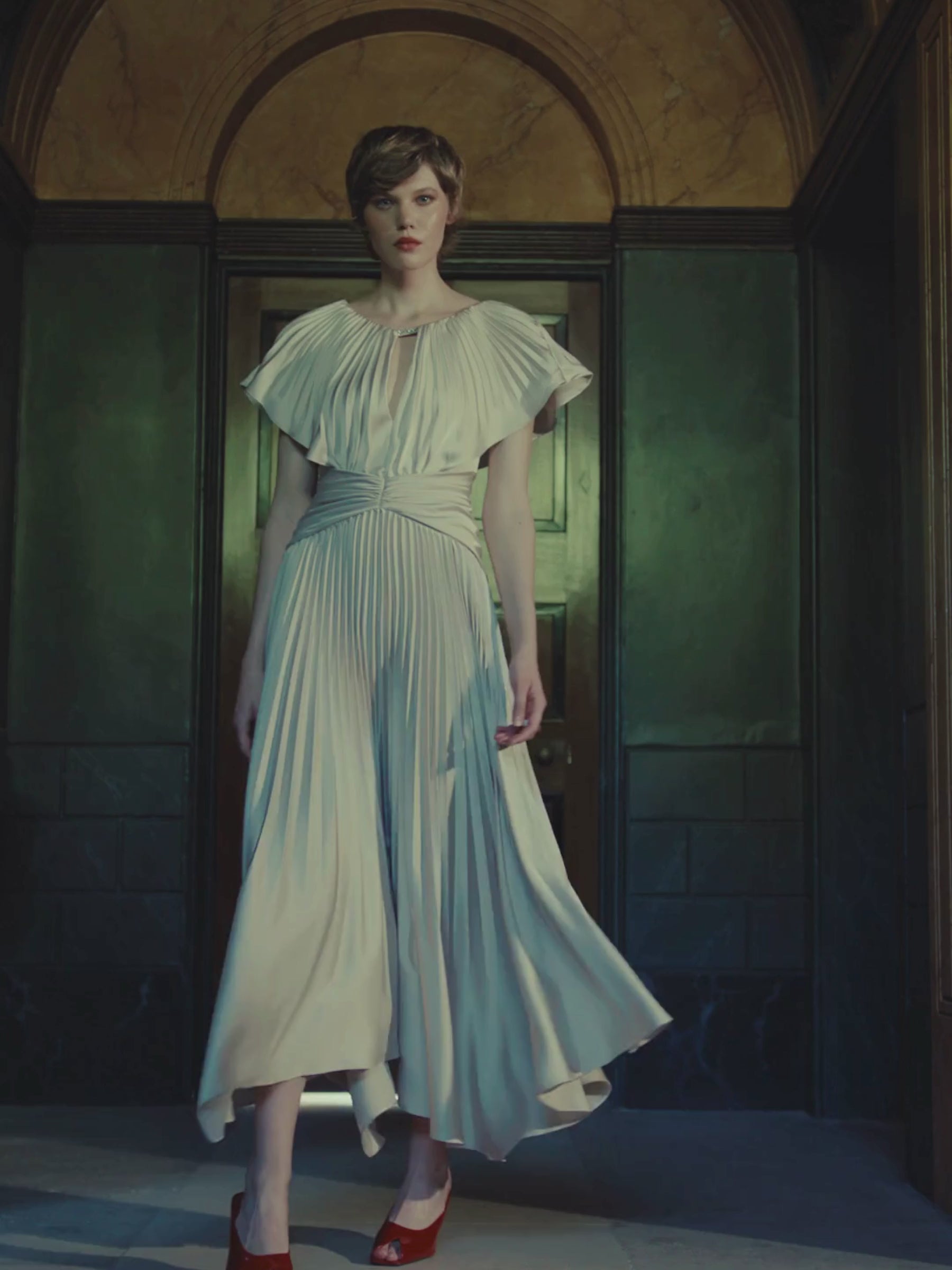 Maisonel ME3129 Pearl Dress – lightweight crepe pleated A-line midi dress with flutter sleeves, perfect for weddings, summer events and elegant occasions.