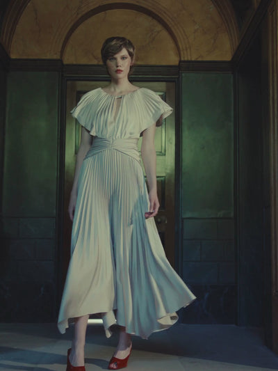 Maisonel ME3129 Pearl Dress – lightweight crepe pleated A-line midi dress with flutter sleeves, perfect for weddings, summer events and elegant occasions.